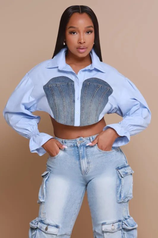 Okay Thanks Contrast Denim Crop Top - Blue sold by Swankaposh