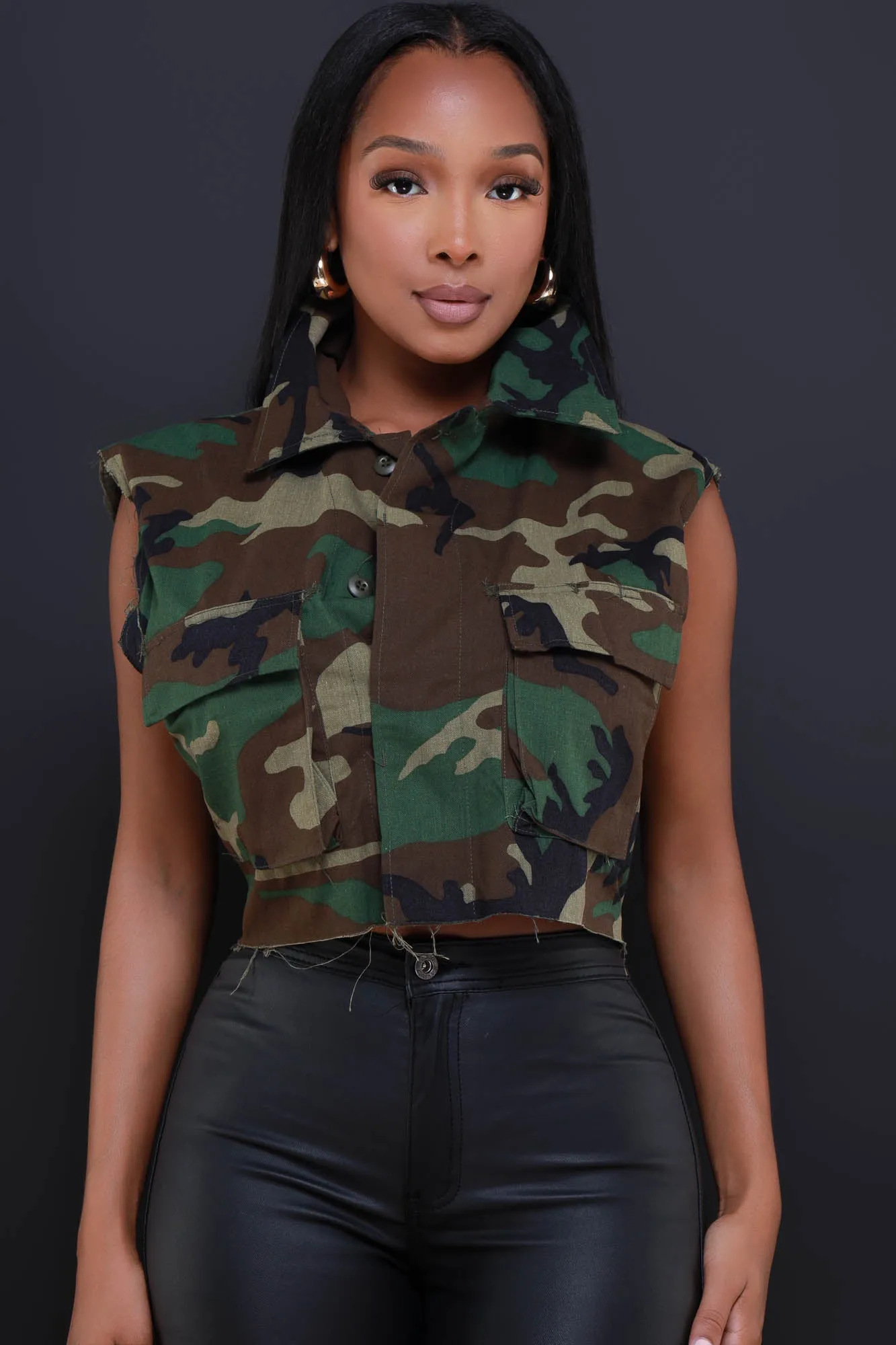 On Command Sleeveless Camo Cropped Jacket - Olive sold by Swankaposh