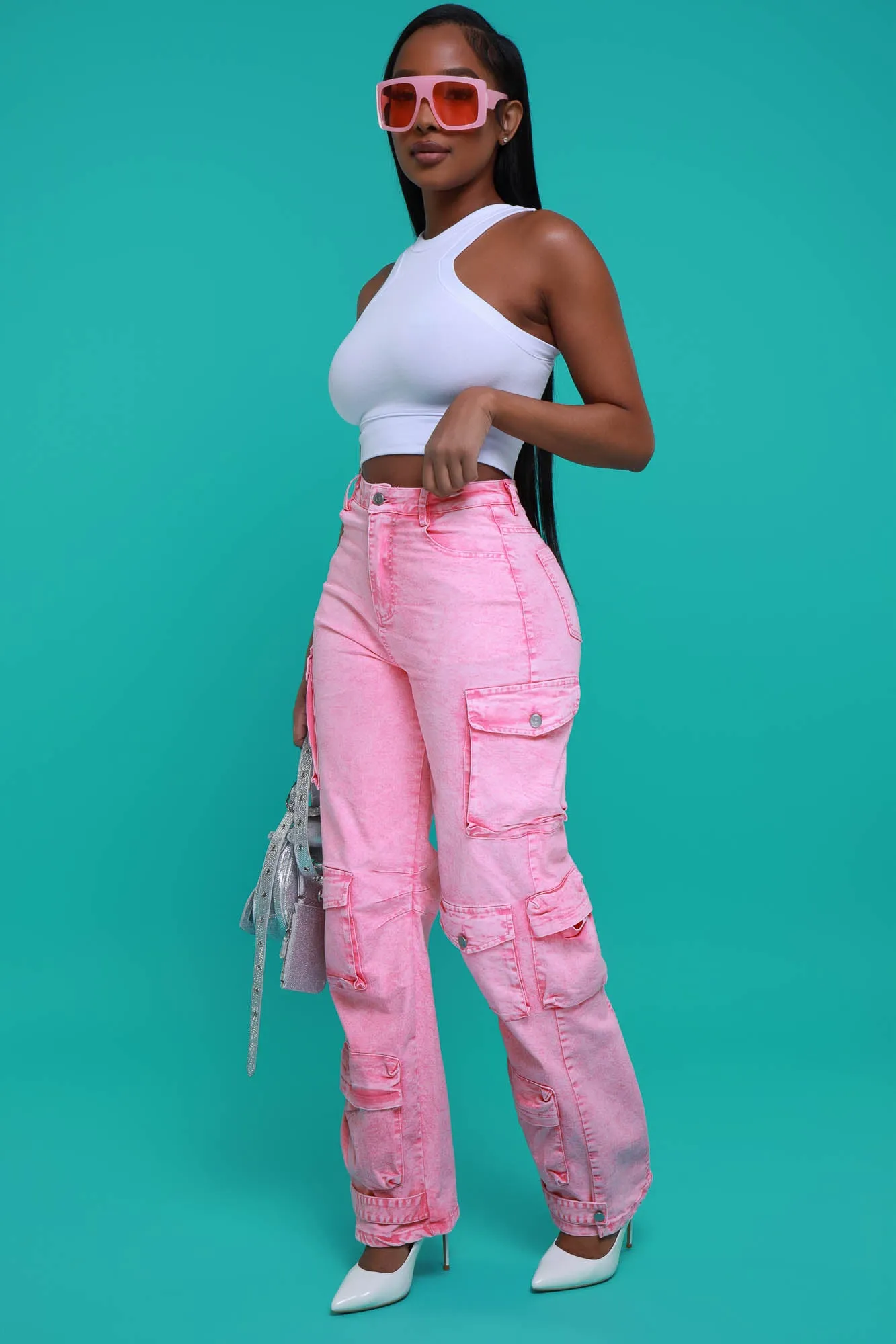 Come Down High Rise Stretchy Cargo Jeans - Pink sold by Swankaposh product image thumbnail 4