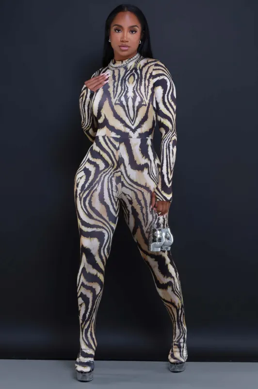 Arrive Now Animal Print Bodycon Jumpsuit - Black Multicolor sold by Swankaposh