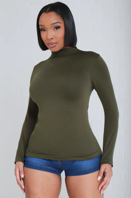 Sure Thing Long Sleeve Mock Neck Top - Olive sold by Swankaposh