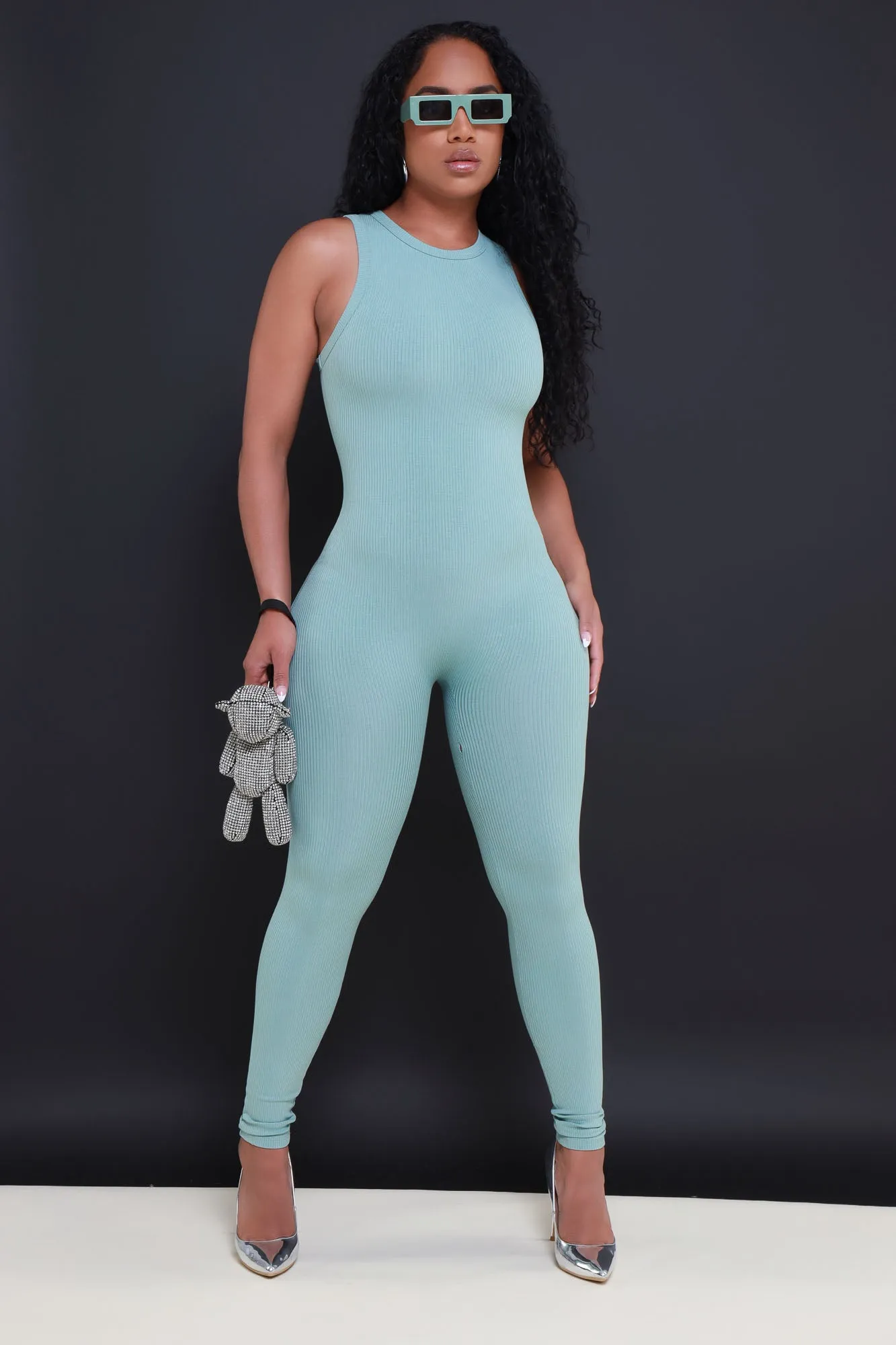 About That Snatched Cellulite Deleter Sleeveless Jumpsuit - Aloe sold by Swankaposh