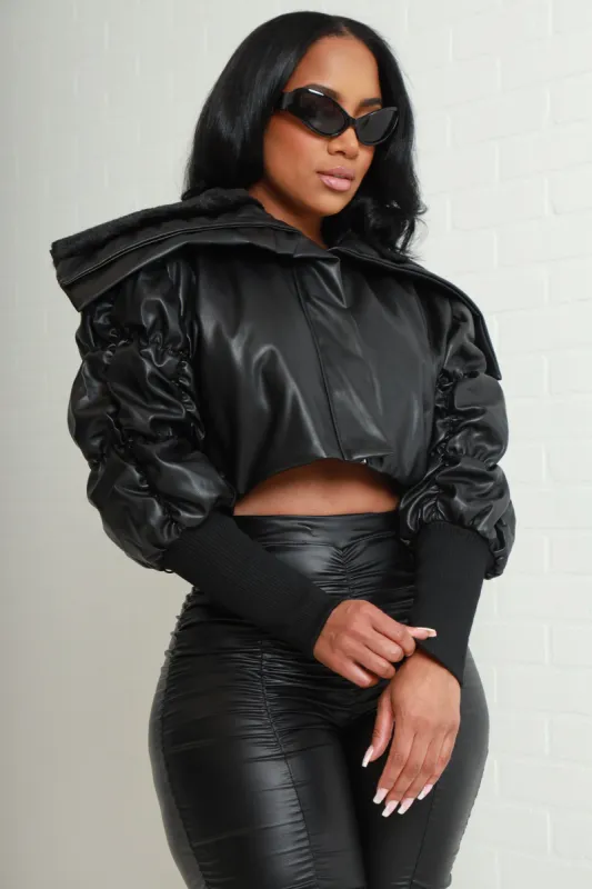 Light Up Faux Leather Cropped Fur Jacket - Black sold by Swankaposh