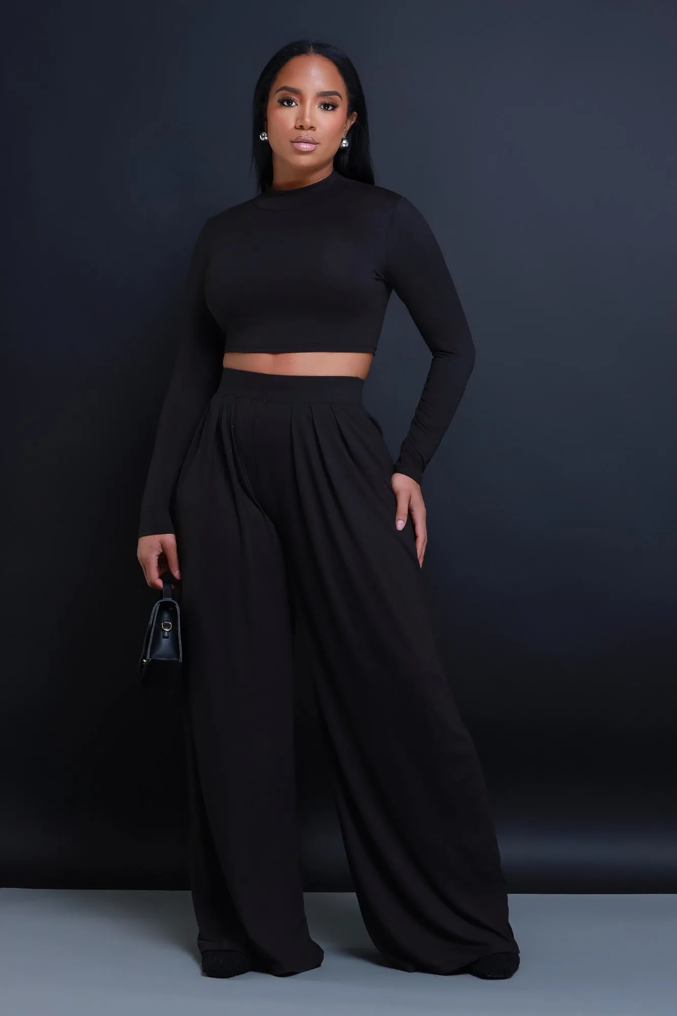 Be Serious Long Sleeve Cropped Palazzo Pants Set - Black sold by Swankaposh