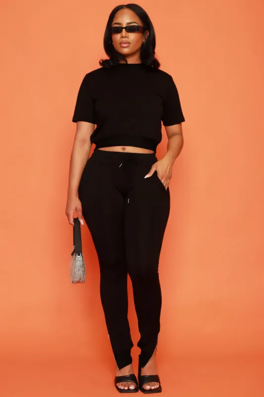 Unveiled Reverse Zip Short Sleeve Pants Set - Black sold by Swankaposh