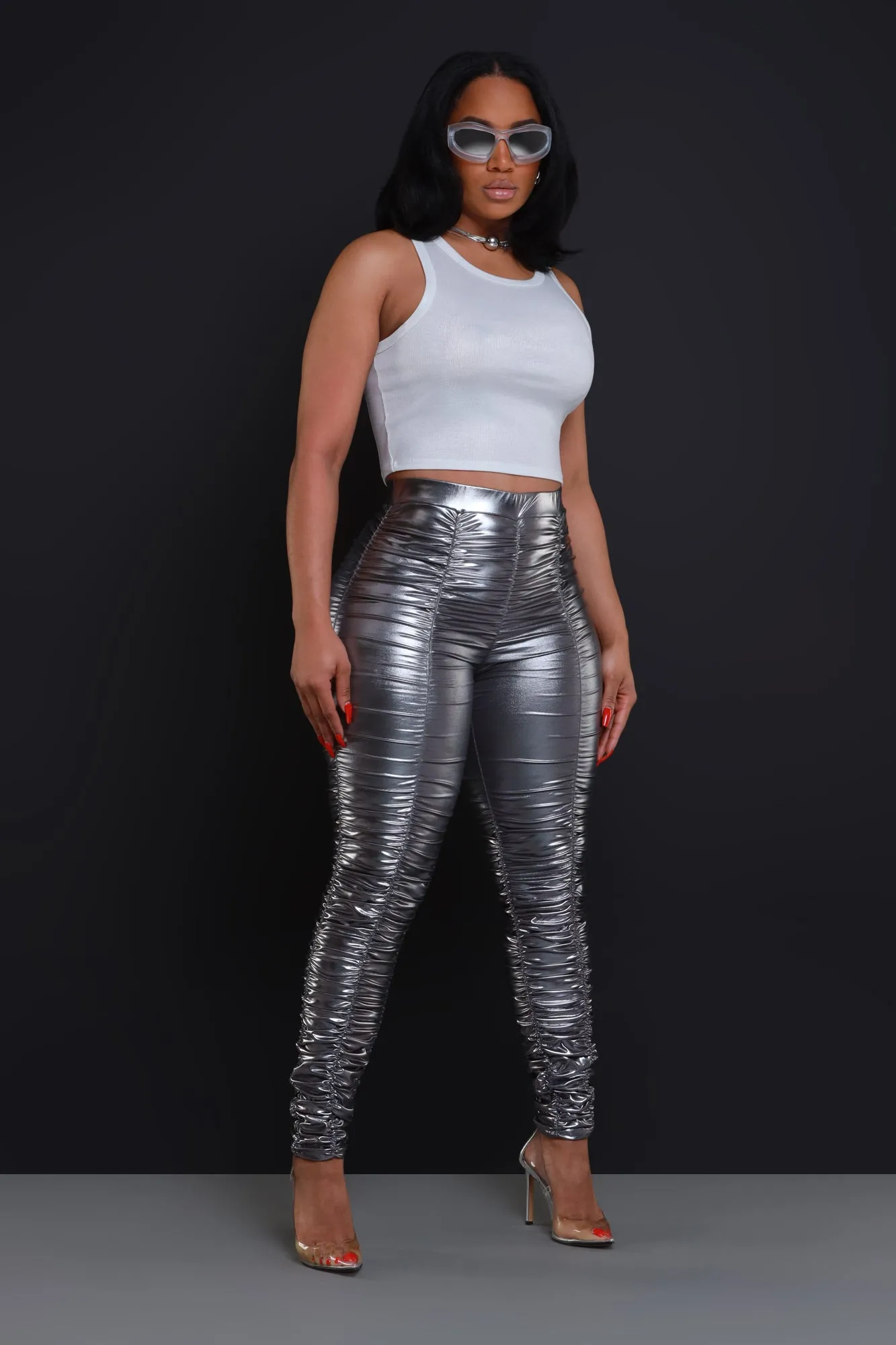 Be Honest Ruched High Waist Pants - Iridescent Metallic Leggings sold by Swankaposh product image thumbnail 4