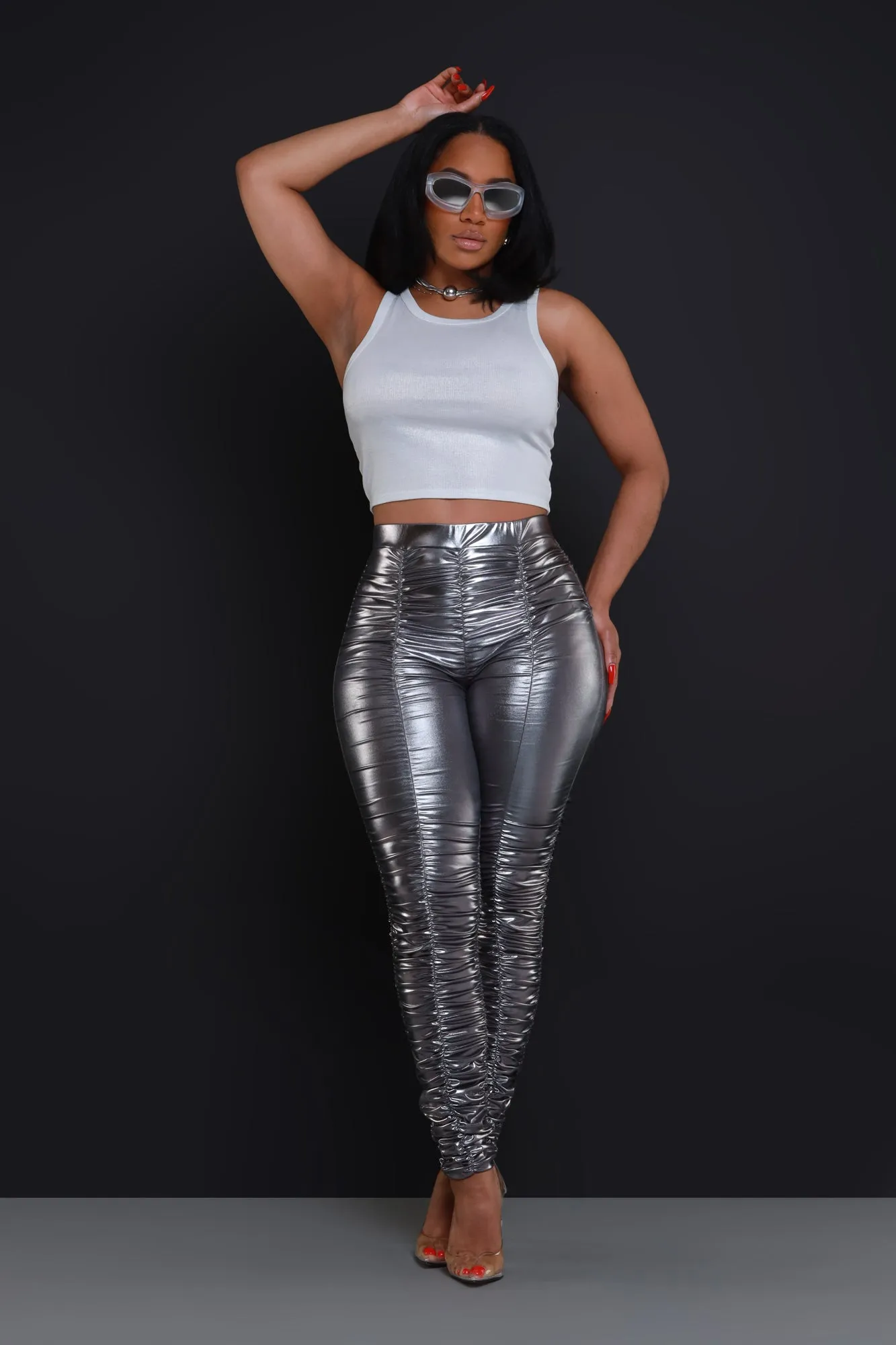Be Honest Ruched High Waist Pants - Iridescent Metallic Leggings sold by Swankaposh