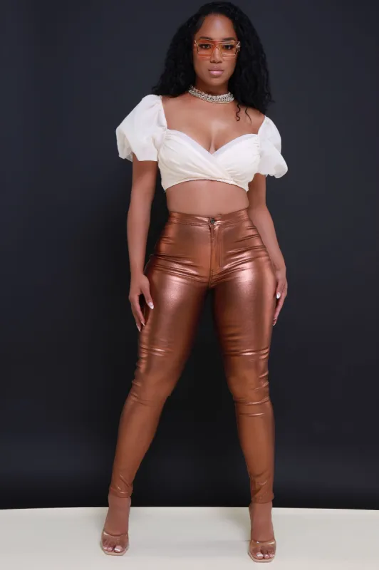 Coming In Hot High Rise Metallic Skinny Pants - Copper sold by Swankaposh