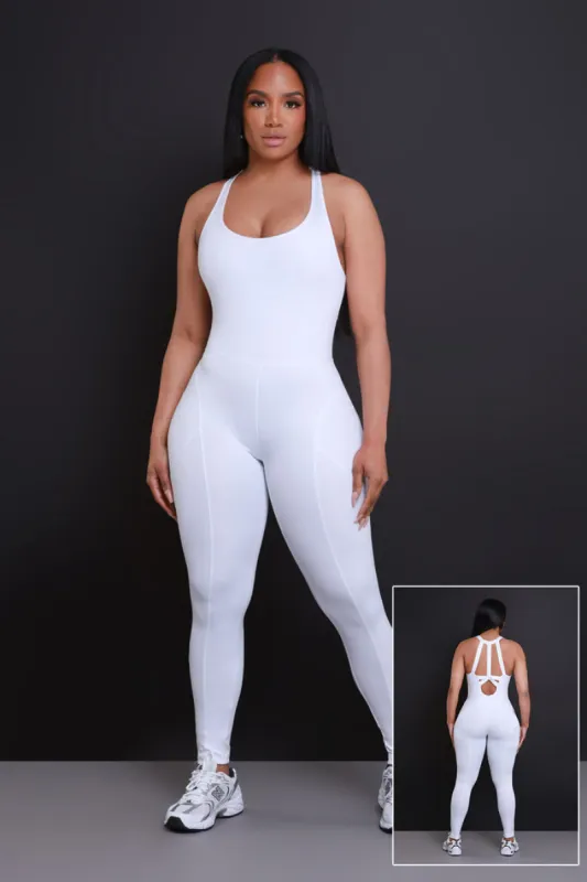 Not Guilty NUW Sleeveless Cross Back Jumpsuit - White sold by Swankaposh