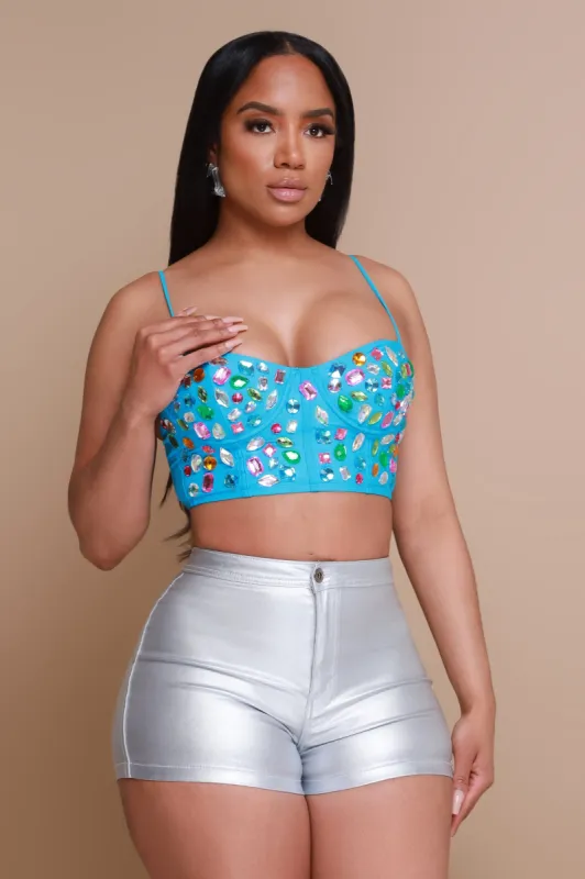 Rich Flex Jewel Embellished Corset Crop Top - Blue sold by Swankaposh