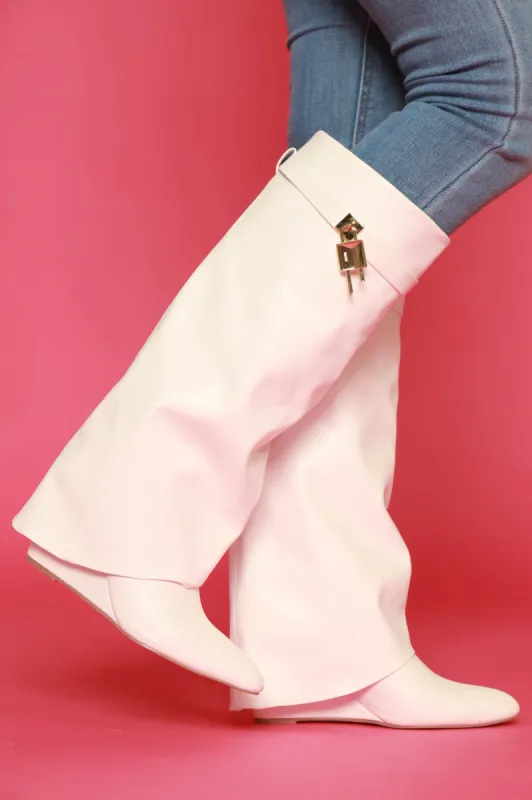 Lock & Key Faux Leather Knee High Boot - White sold by Swankaposh