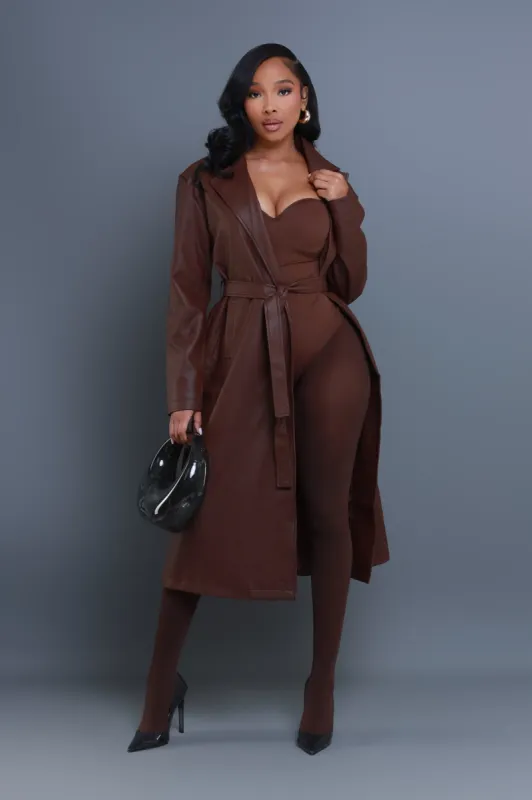 Blind Date Faux Leather Trenchcoat - Brown sold by Swankaposh