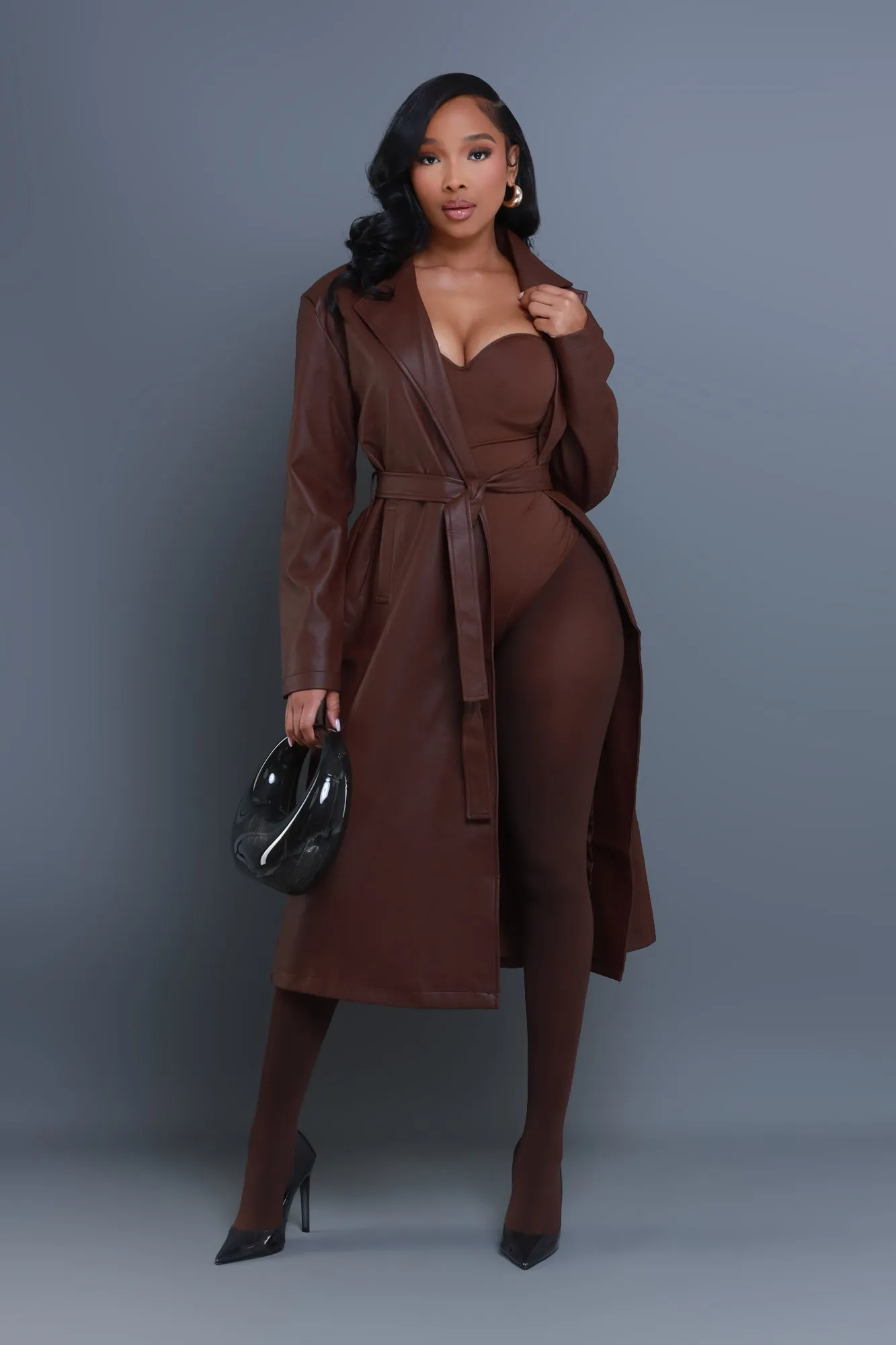 Blind Date Faux Leather Trenchcoat - Brown sold by Swankaposh