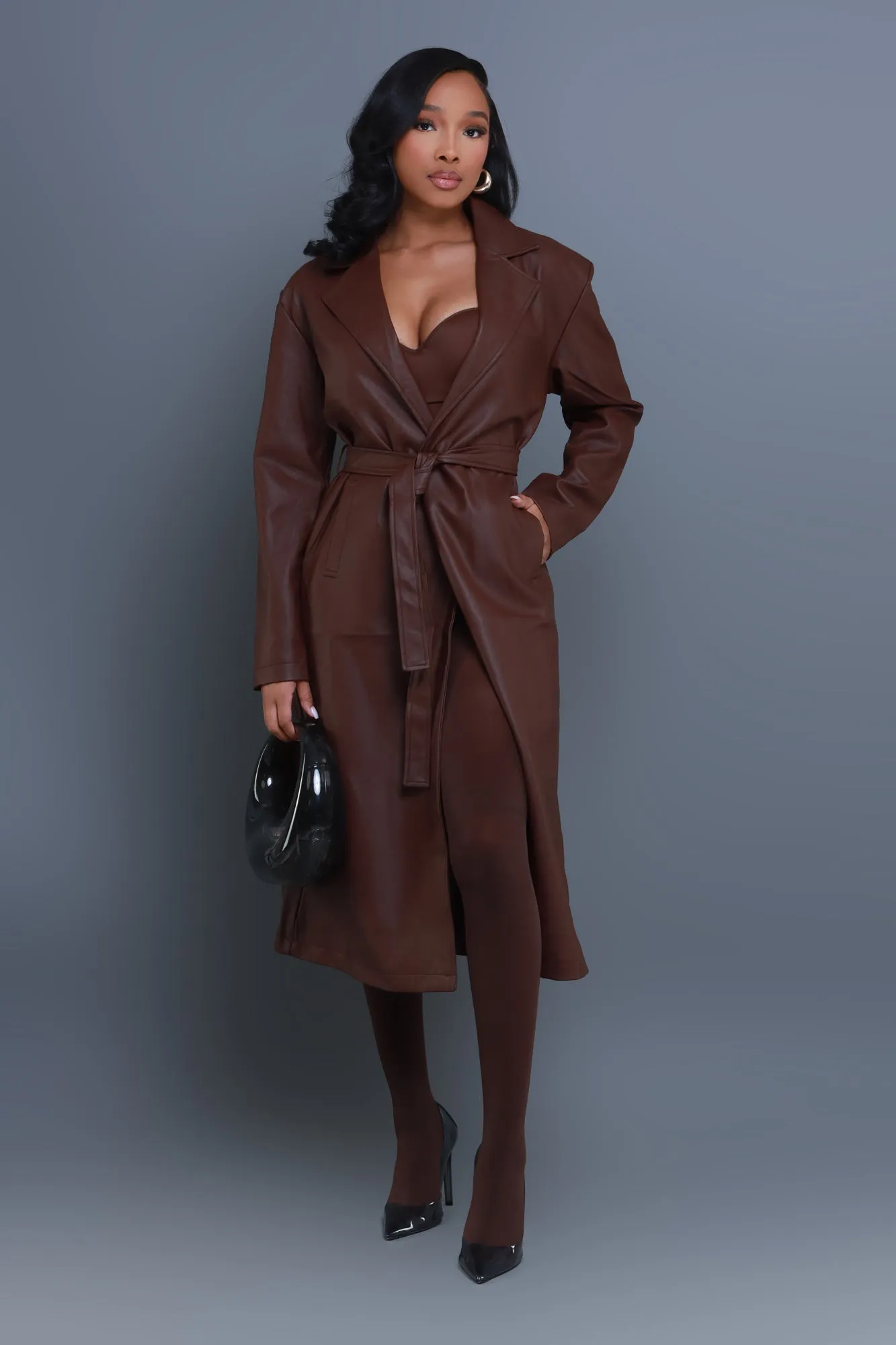 Blind Date Faux Leather Trenchcoat - Brown sold by Swankaposh product image thumbnail 2