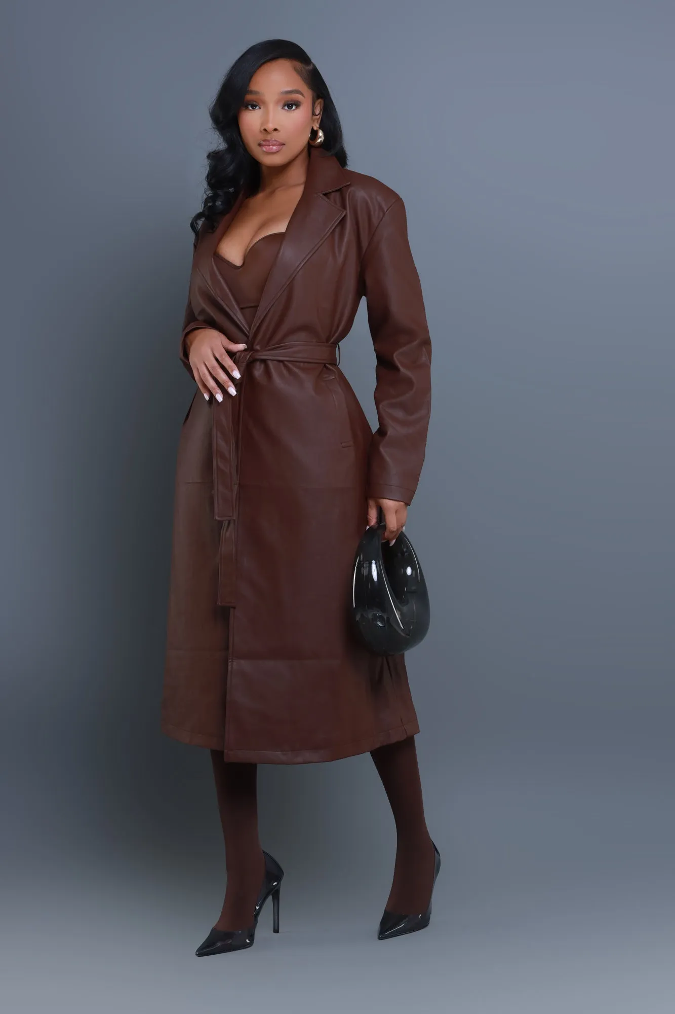 Blind Date Faux Leather Trenchcoat - Brown sold by Swankaposh product image thumbnail 5