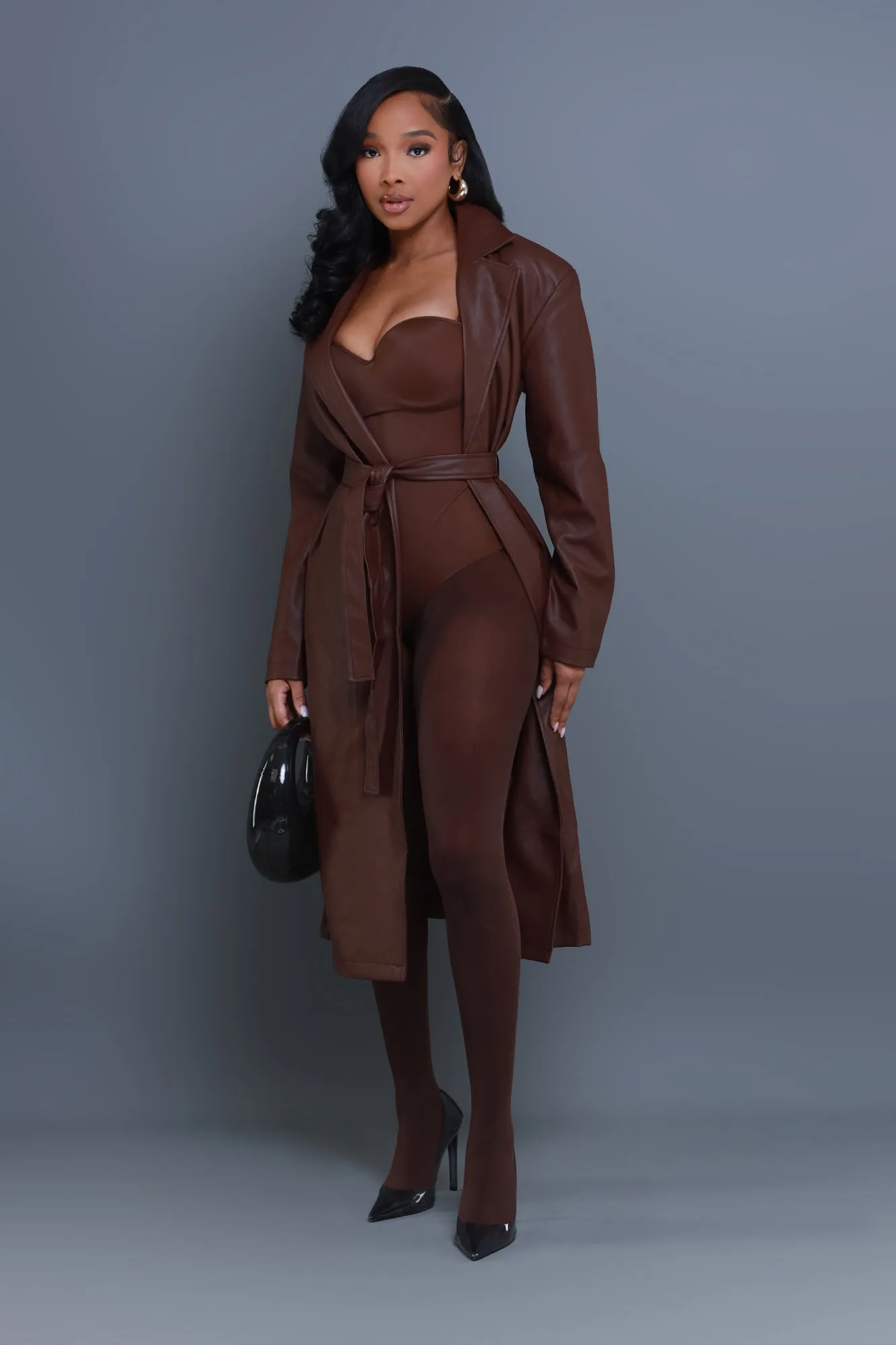 Blind Date Faux Leather Trenchcoat - Brown sold by Swankaposh product image thumbnail 4