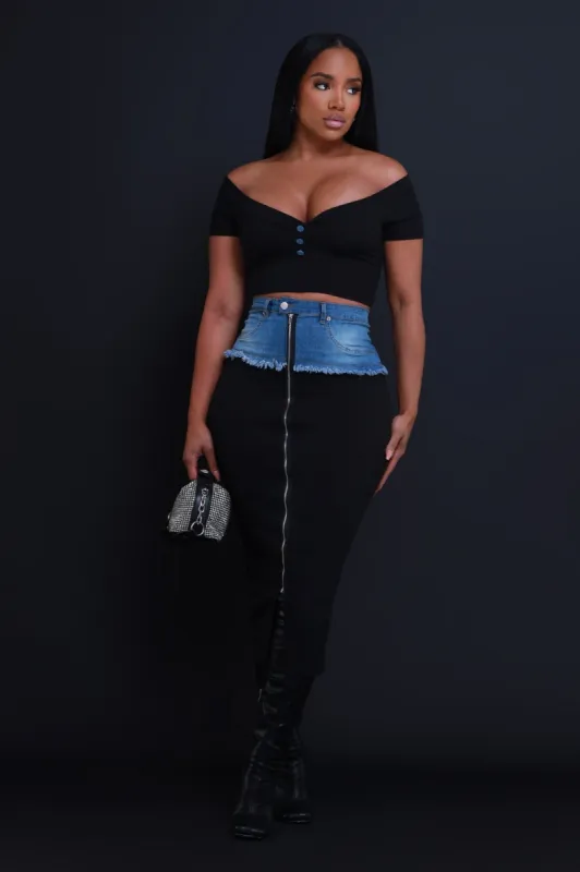 Test Me Ribbed Denim Skirt Set - Black sold by Swankaposh