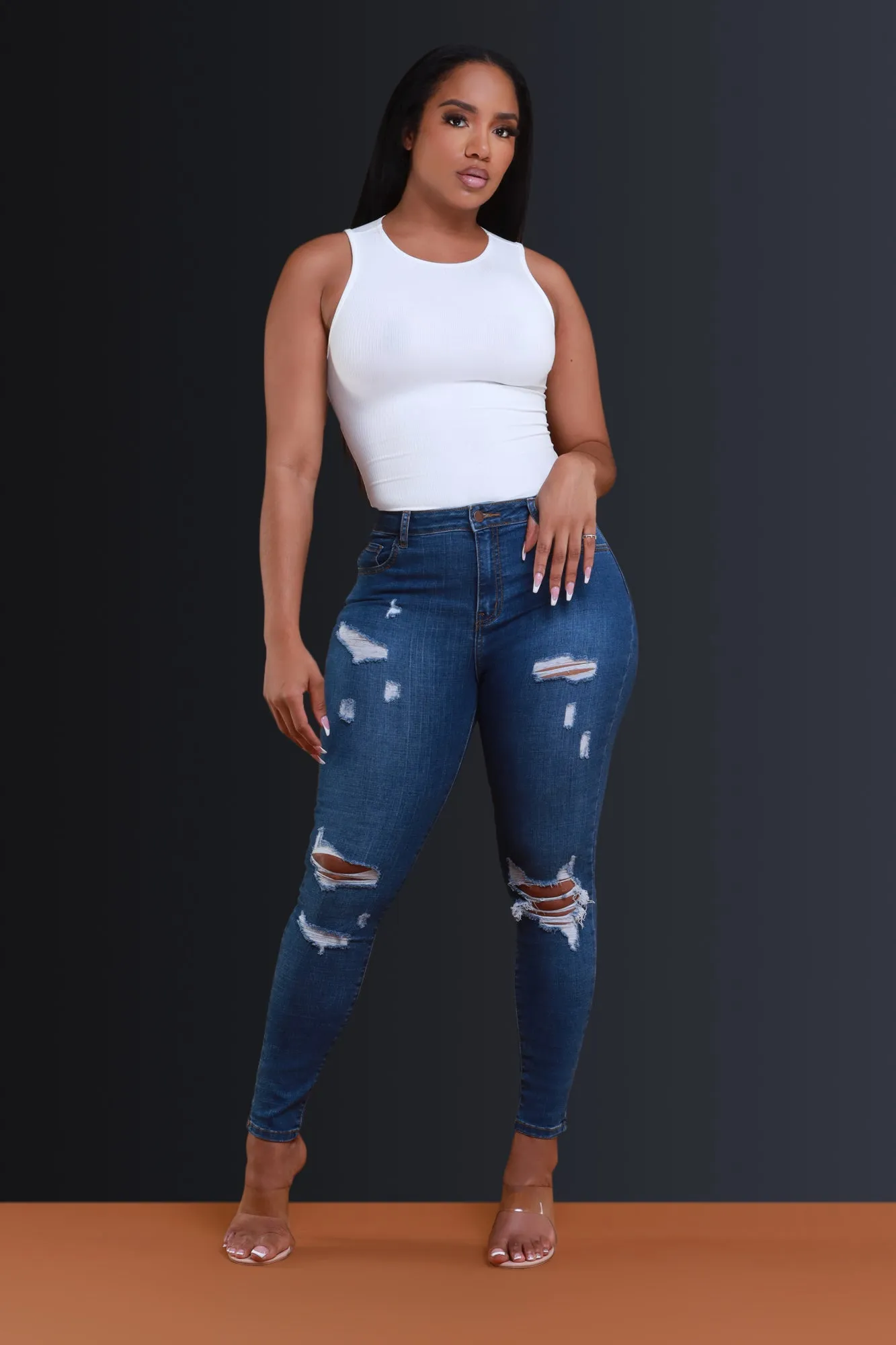 Line Em Up Distressed Skinny Jeans - Medium Wash sold by Swankaposh