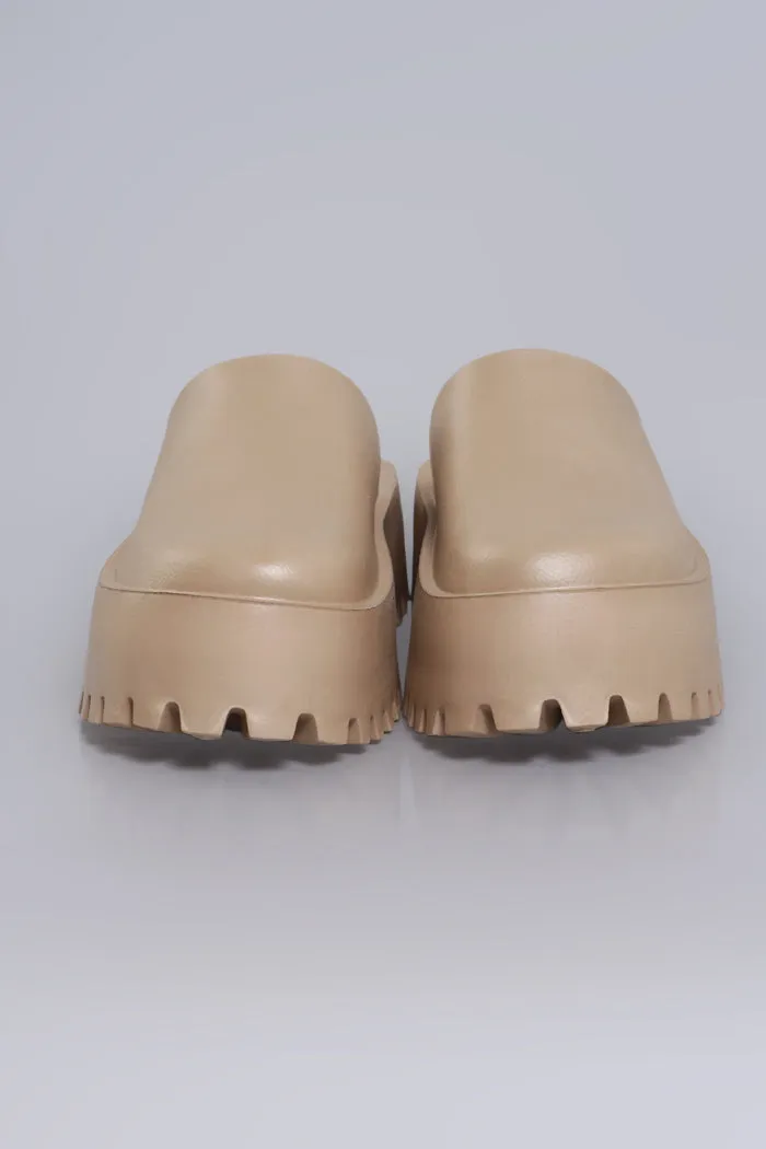 No Such Luck Platform Chunky Slides - Taupe sold by Swankaposh