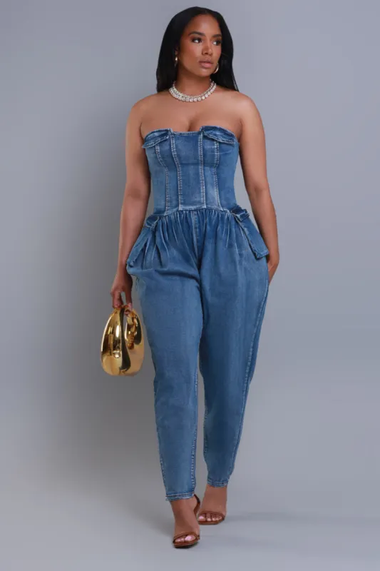New Hobby Strapless Denim Jumpsuit - Medium Wash sold by Swankaposh