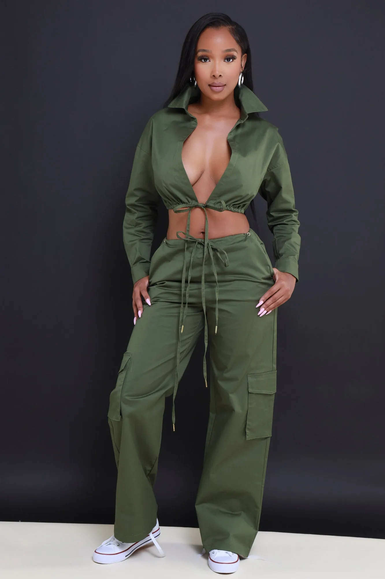 Time To Go Cropped Cargo Pants Set - Olive sold by Swankaposh product image thumbnail 2