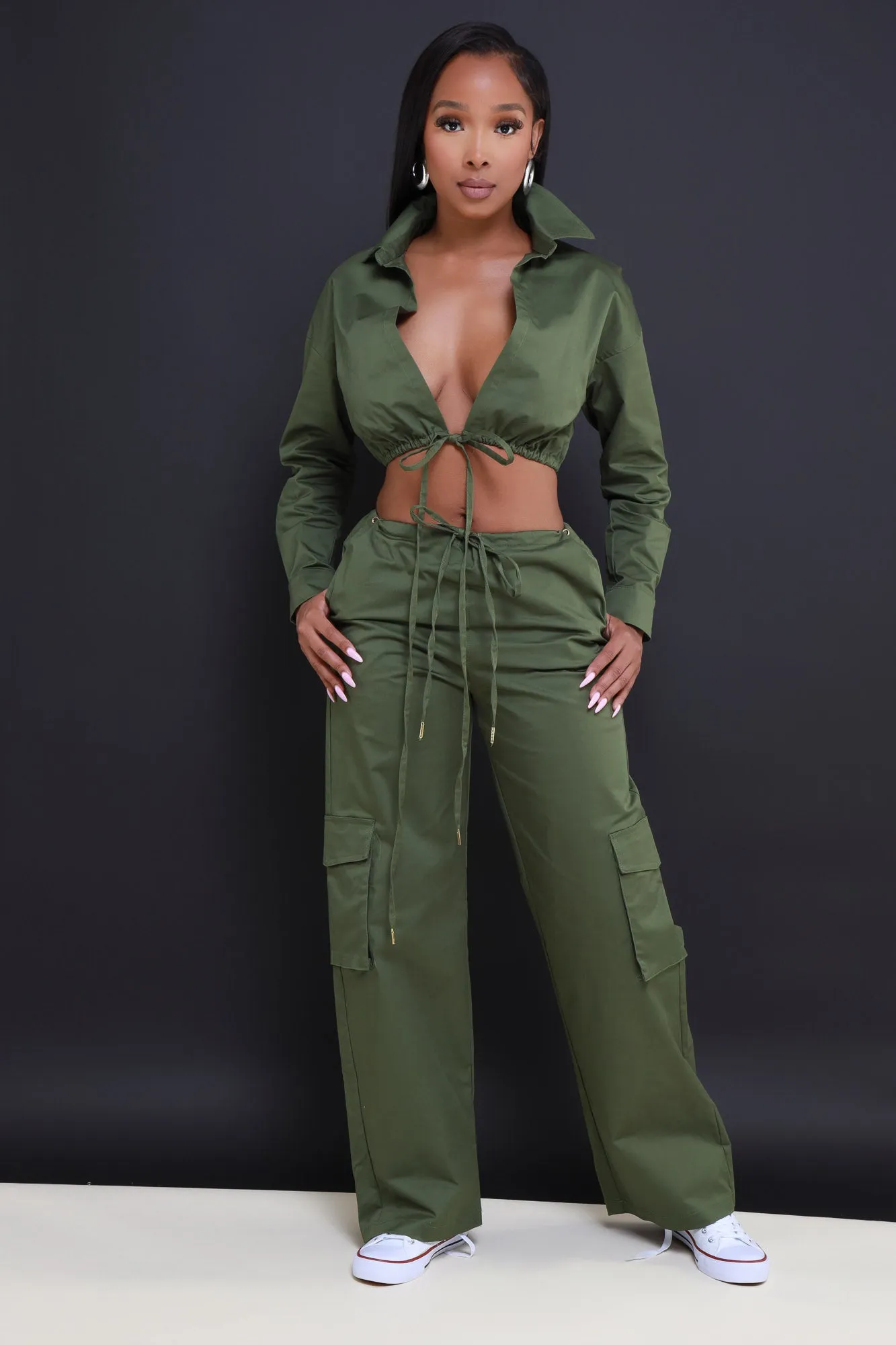 Time To Go Cropped Cargo Pants Set - Olive sold by Swankaposh