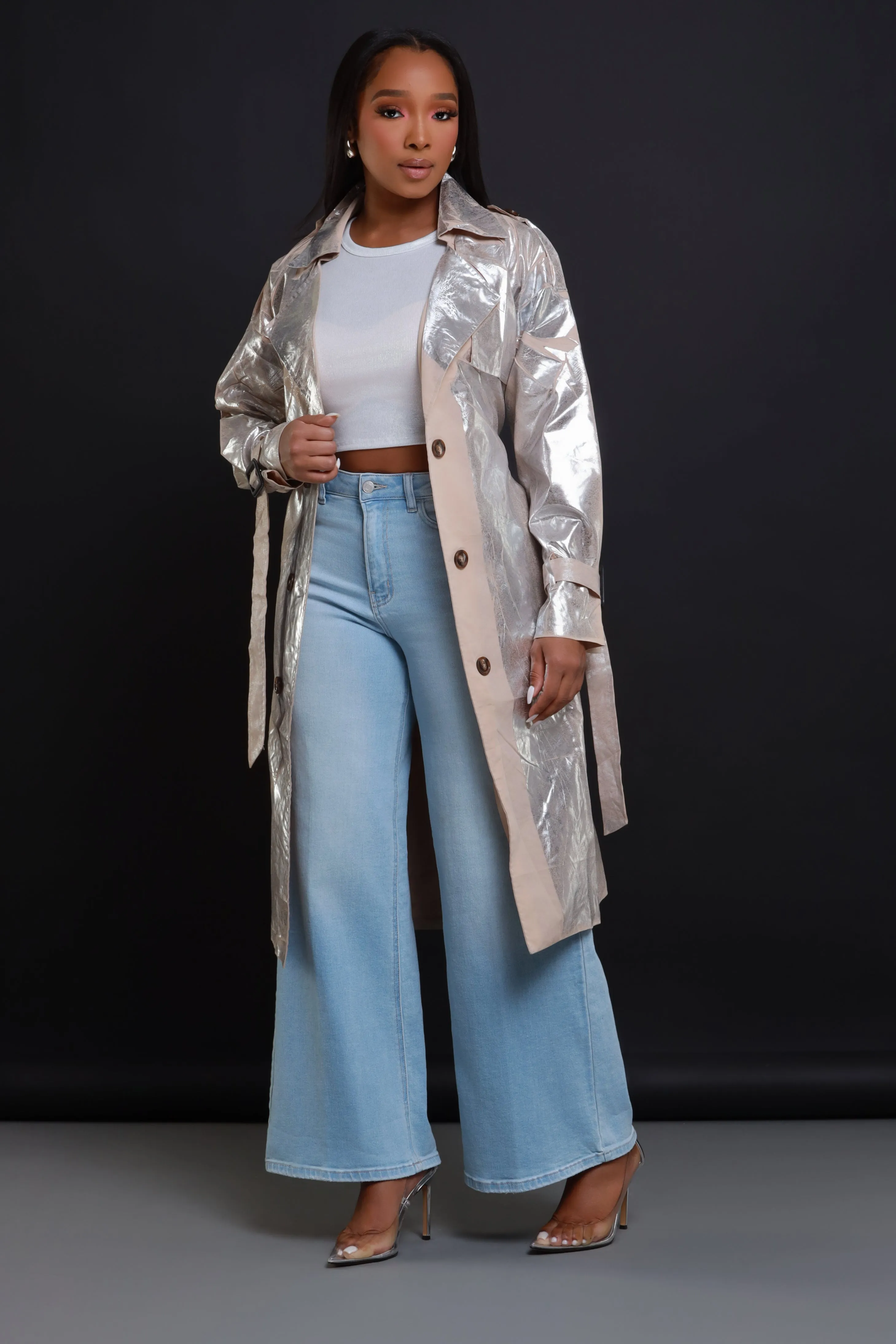 Mirror Mirror Metallic Trench Coat - Silver sold by Swankaposh