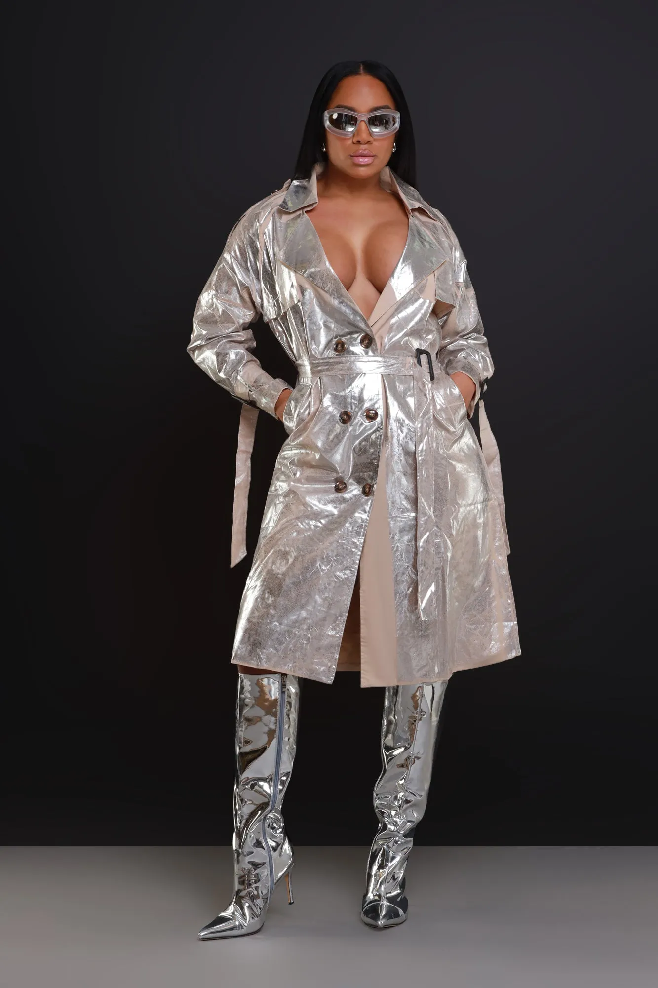 Mirror Mirror Metallic Trench Coat - Silver sold by Swankaposh product image thumbnail 2