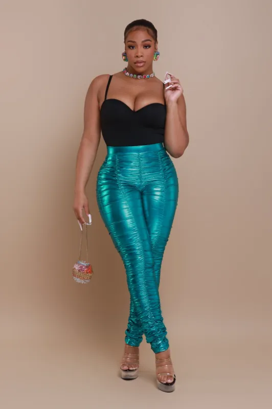 Be Honest Ruched High Waist Pants - Teal Metallic Leggings sold by Swankaposh