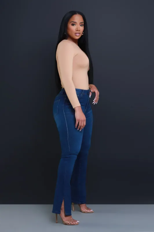 Turn Around High Rise Split Straight Leg Jeans - Super Dark Wash sold by Swankaposh