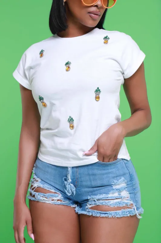 Pineapple Sunrise Rhinestone Embellished T-Shirt - White sold by Swankaposh