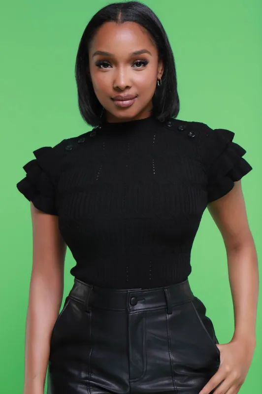 Sweetness Ruffle Shoulder Turtleneck Short Sleeve Sweater - Black sold by Swankaposh