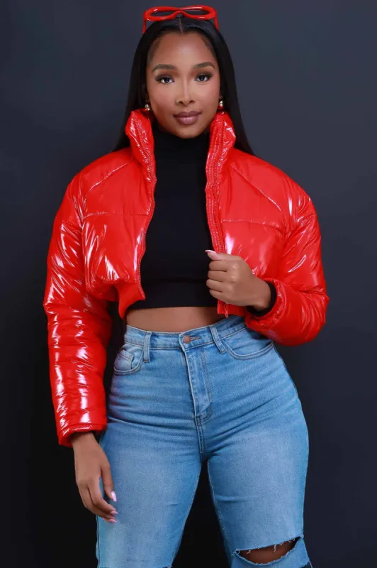 Blast Off Cropped Latex Puffer Coat - Red sold by Swankaposh