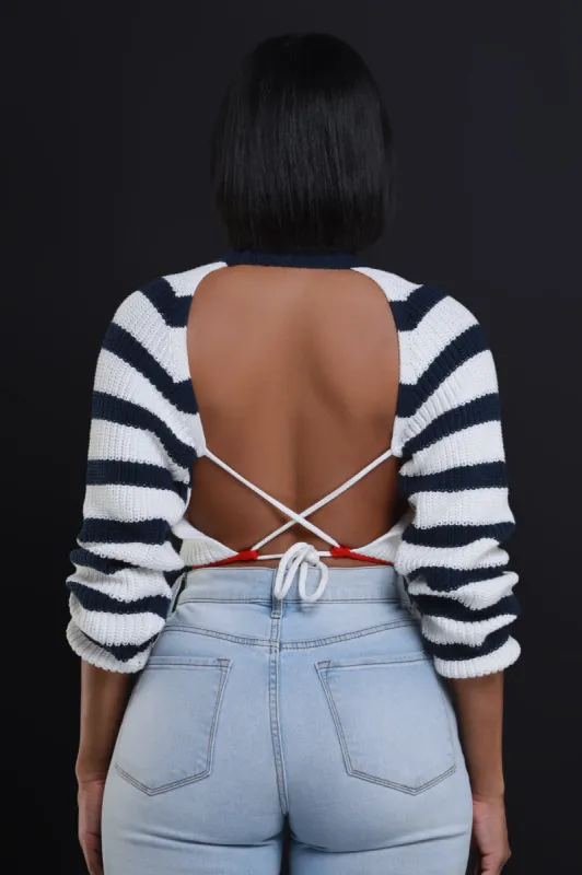 Back To Me Open Back Cropped Sweater - Navy/White sold by Swankaposh