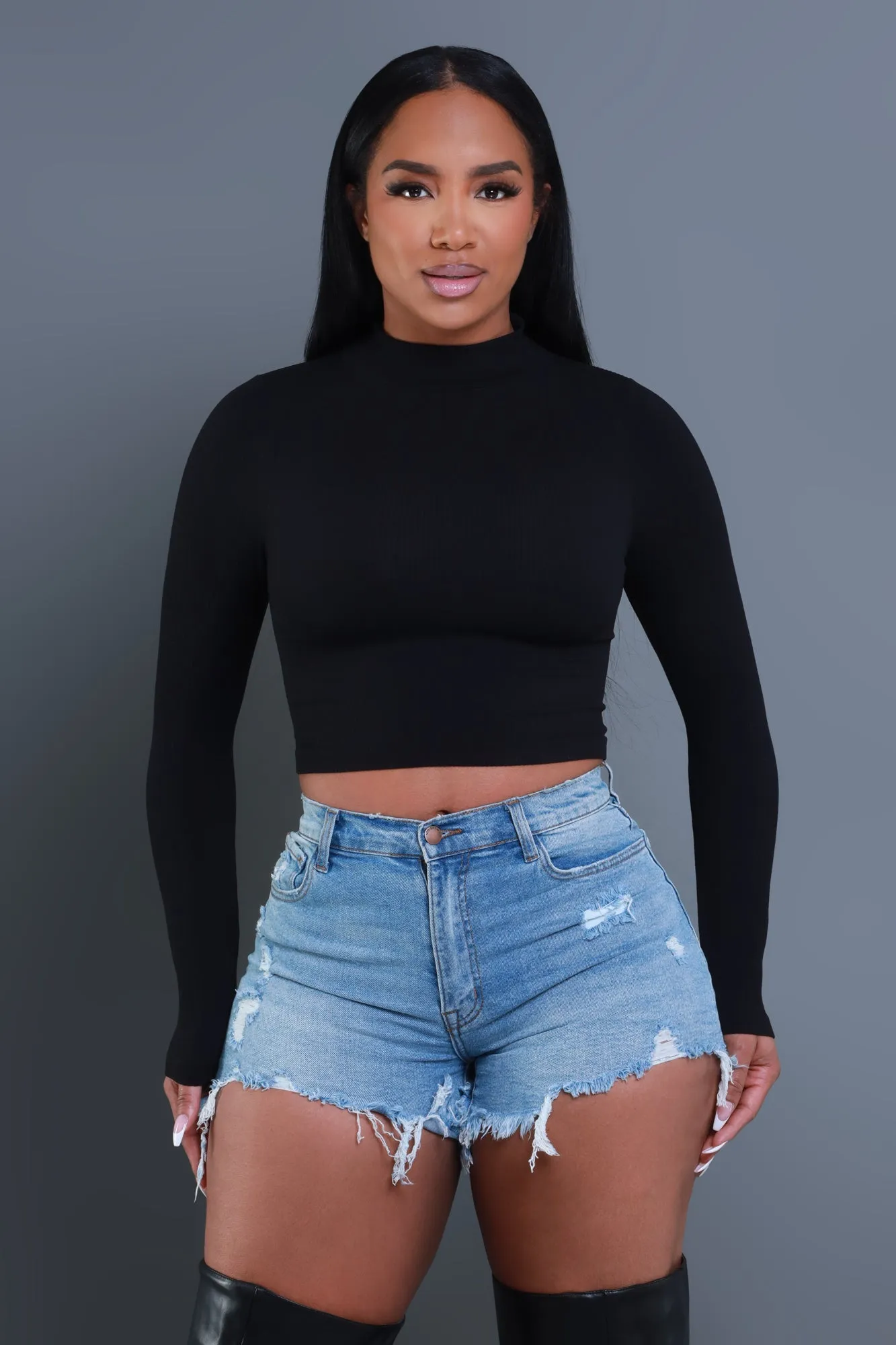 Ask Me High Neck Long Sleeve Top - Black sold by Swankaposh