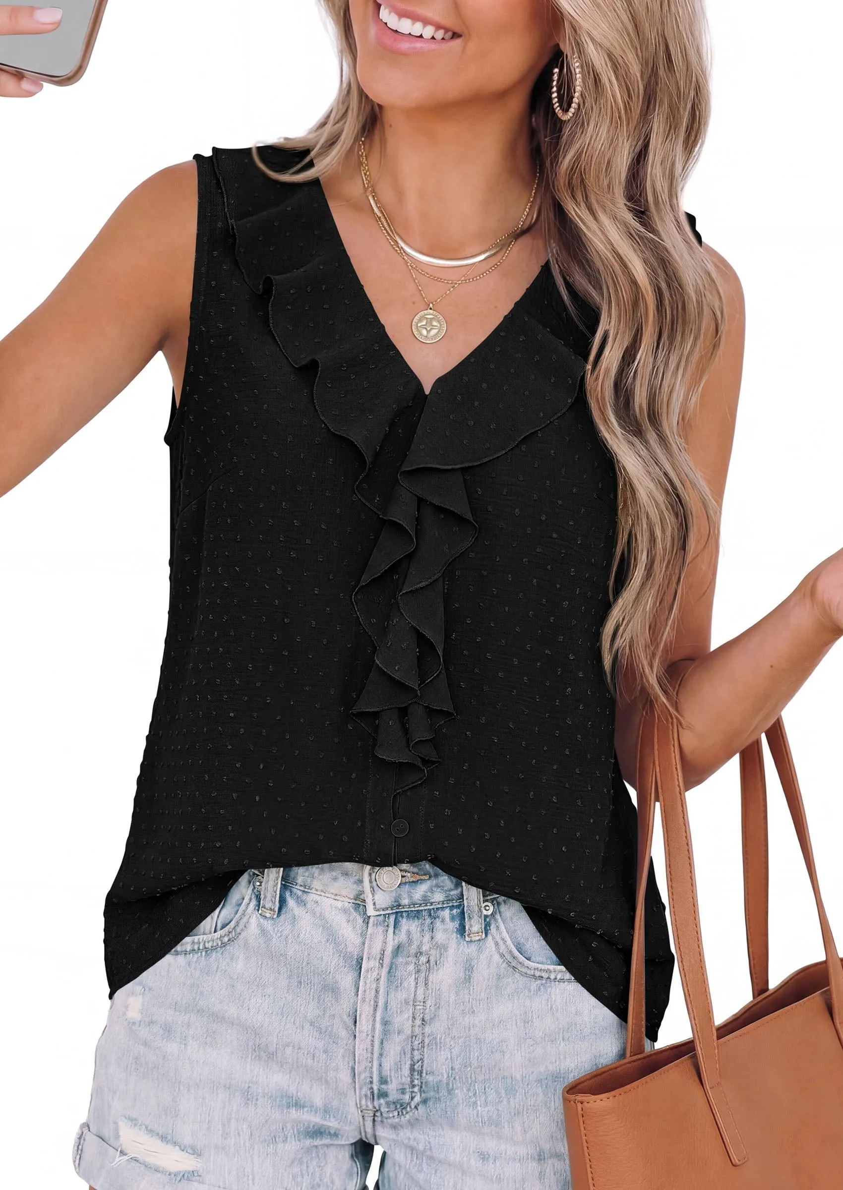 PRETTYGARDEN Womens Tank Tops Summer Dressy Casual Blouses Sleeveless Ruffle V Neck Swiss Dot Button Down Work Shirts sold by PrettyGarden product image thumbnail 4