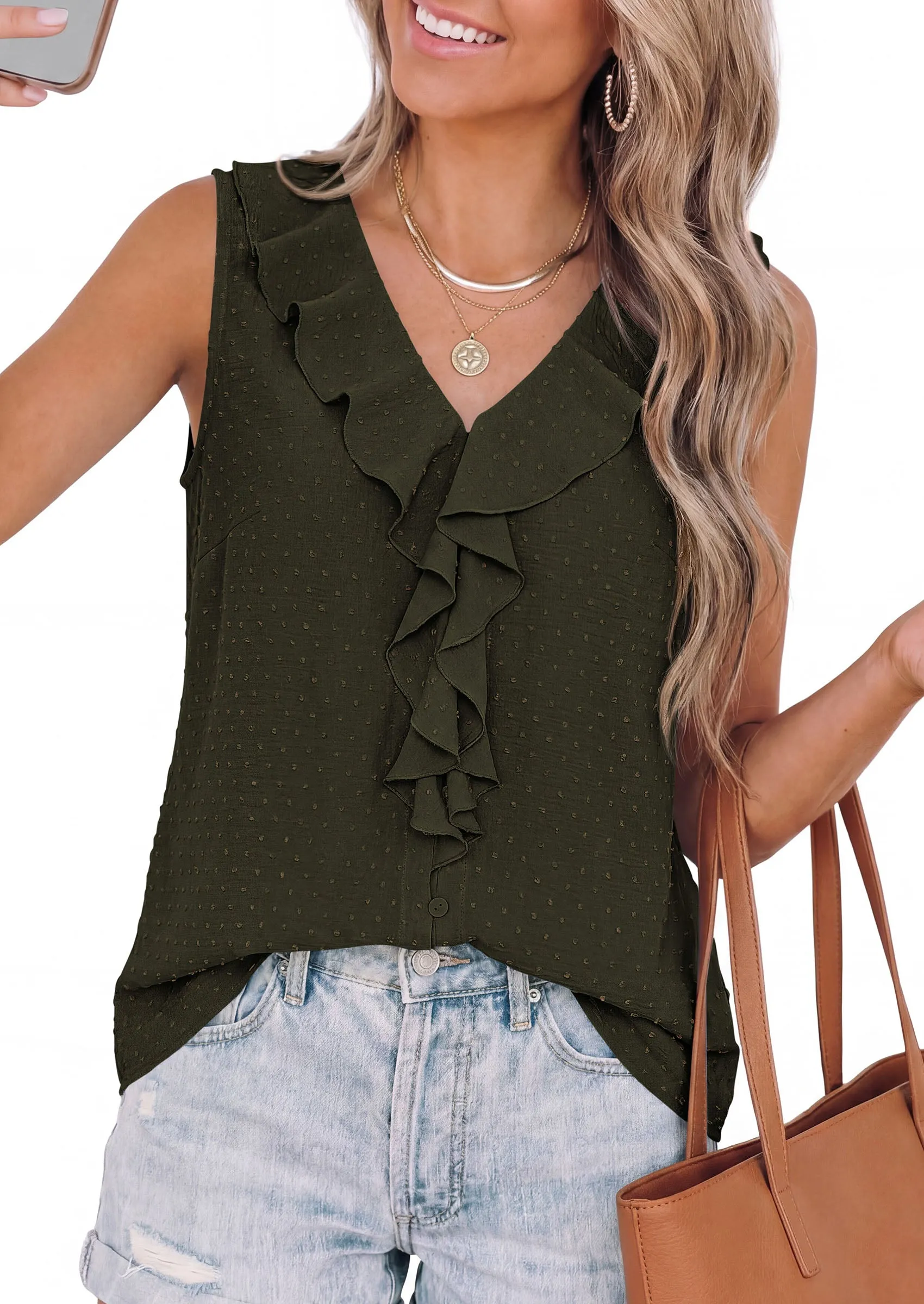 PRETTYGARDEN Womens Tank Tops Summer Dressy Casual Blouses Sleeveless Ruffle V Neck Swiss Dot Button Down Work Shirts sold by PrettyGarden
