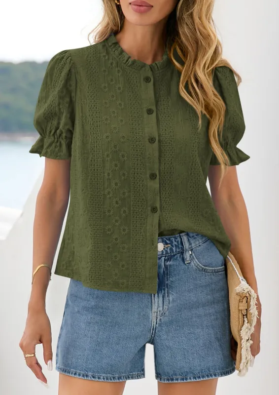 PRETTYGARDEN Womens Puff Short Sleeve Tops Summer Spring Button Down Boho Embroidered Cute Blouse Dressy Casual Shirts made by PrettyGarden