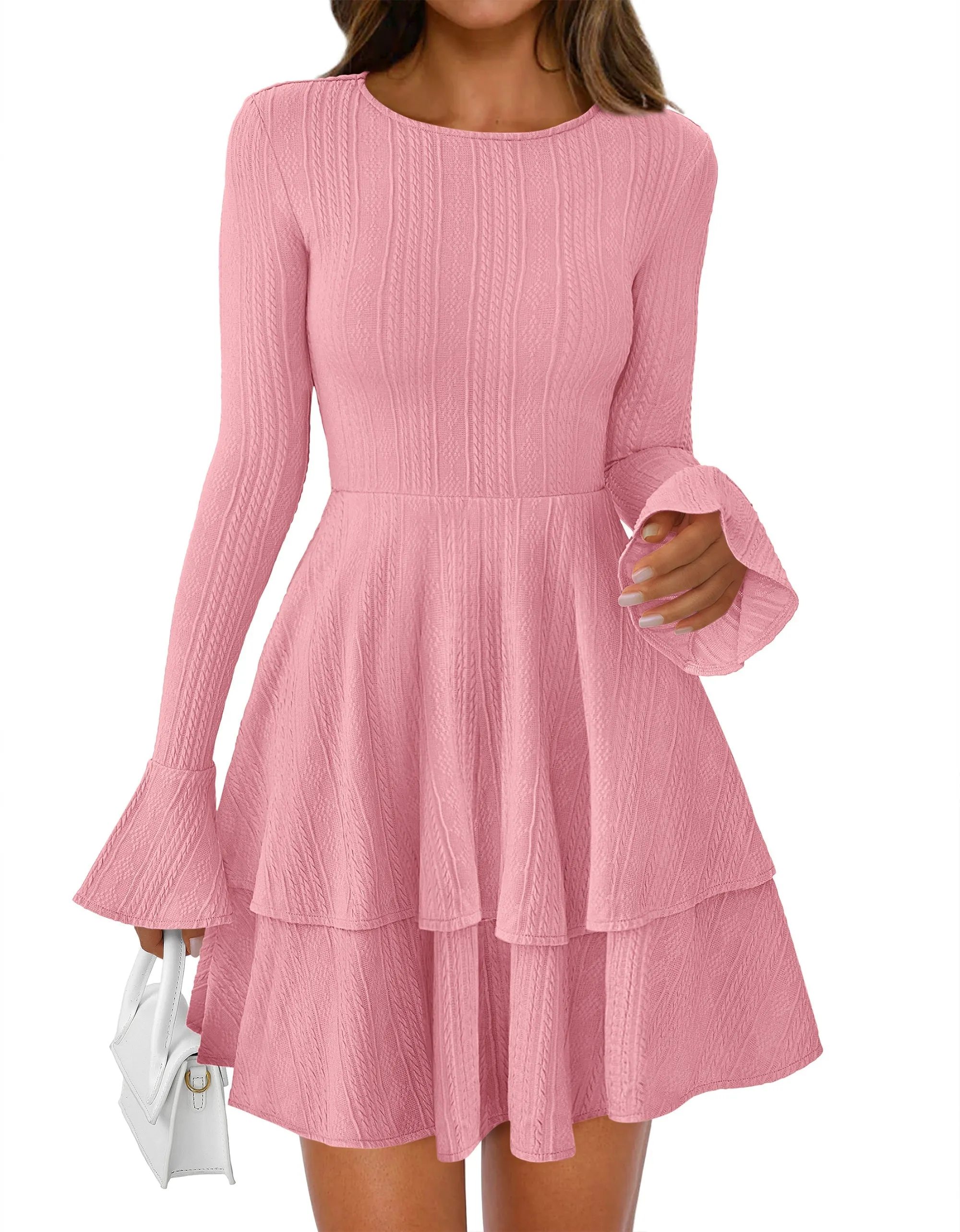 PRETTYGARDEN Womens Spring Fashion Long Bell Sleeve Mini Sweater Dress Casual Crewneck A Line Knit Short Cocktail Dresses sold by PrettyGarden product image thumbnail 4