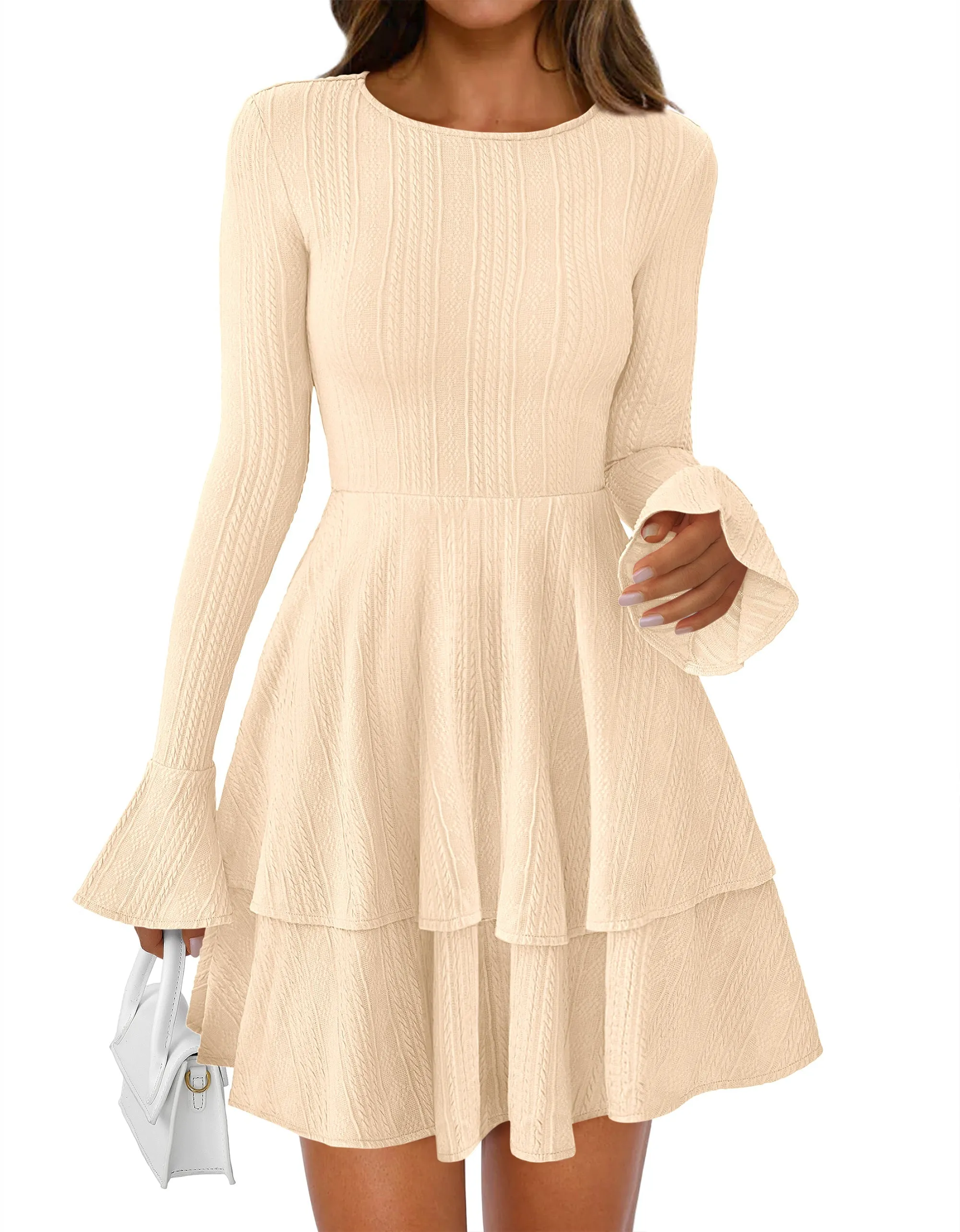 PRETTYGARDEN Womens Spring Fashion Long Bell Sleeve Mini Sweater Dress Casual Crewneck A Line Knit Short Cocktail Dresses sold by PrettyGarden product image thumbnail 3