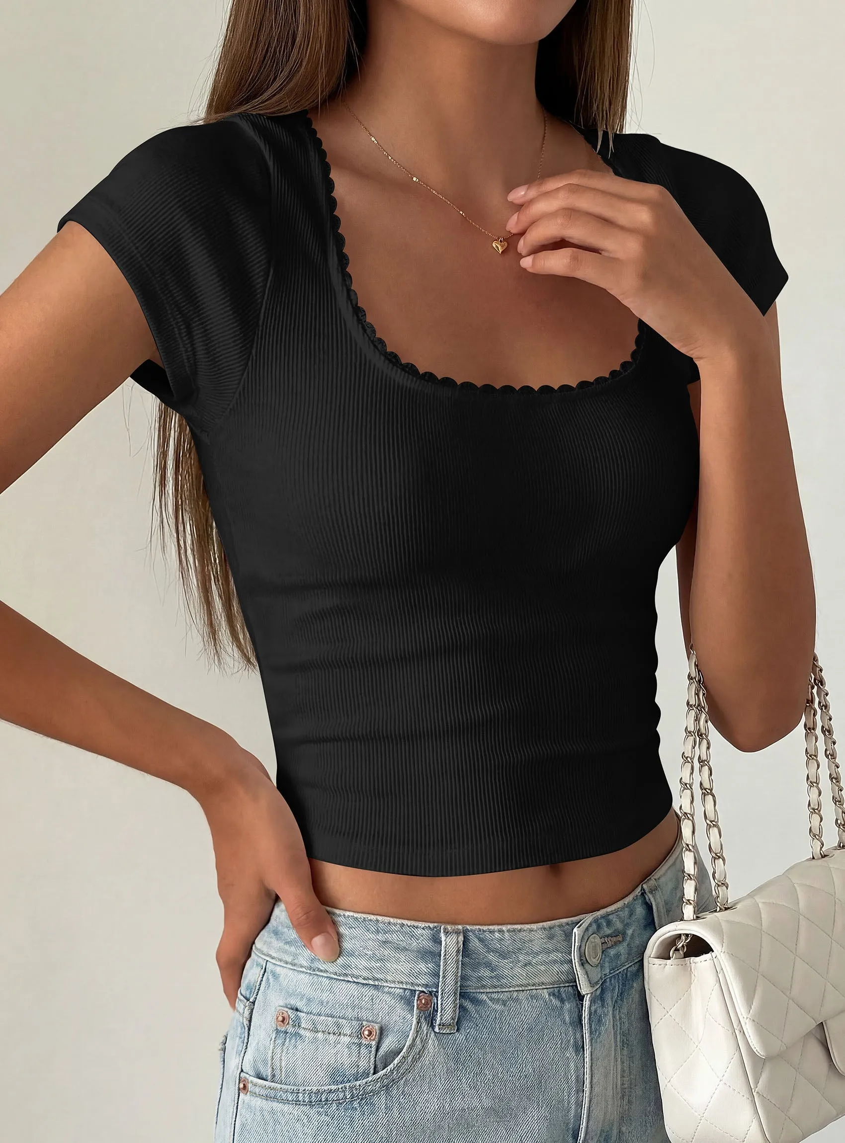 PRETTYGARDEN Women's Short Sleeve Tops Summer Lace Trim Square Neck Slim Fitted Going Out Basic Tee Shirts Y2K Clothes sold by PrettyGarden product image thumbnail 2