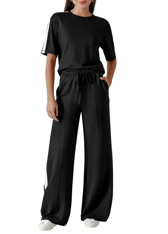 PRETTYGARDEN Women's 2 Piece Sets Summer Casual Short Sleeve Tops Wide Leg Pants Matching Lounge Set Vacation Travel Outfits made by PrettyGarden