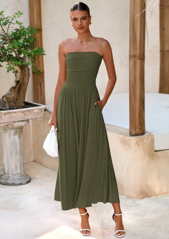 BTFBM Summer Maxi Dresses for Women Strapless Ruched Tube Top Beach Vacation Spring Wedding Guest Dress Pockets made by PrettyGarden