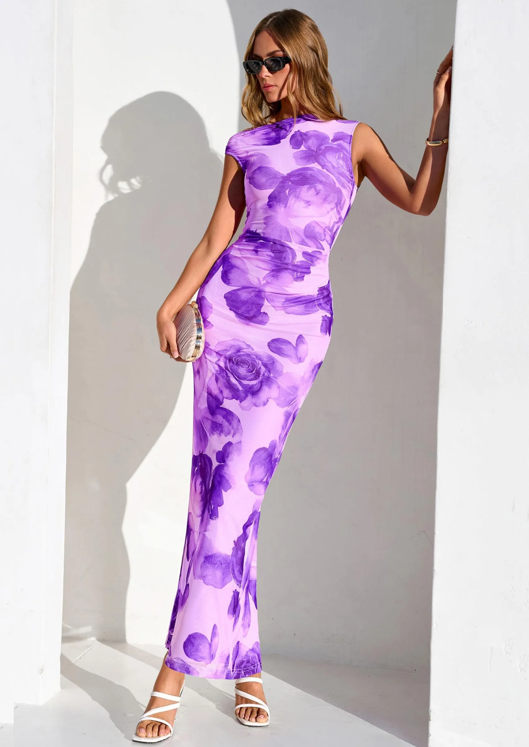 PRETTYGARDEN Women Summer One Shoulder Sleeveless Floral Maxi Dress Bodycon Ruched Mesh Formal Cocktail Wedding Guest Dresses sold by PrettyGarden product image thumbnail 4