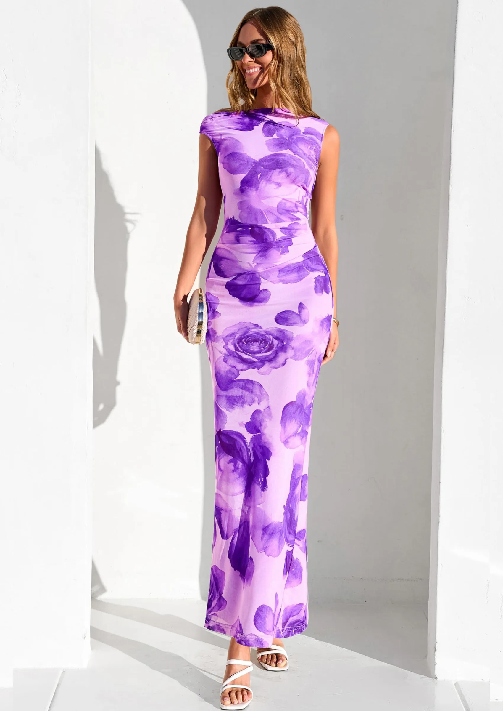 PRETTYGARDEN Women Summer One Shoulder Sleeveless Floral Maxi Dress Bodycon Ruched Mesh Formal Cocktail Wedding Guest Dresses sold by PrettyGarden product image thumbnail 5