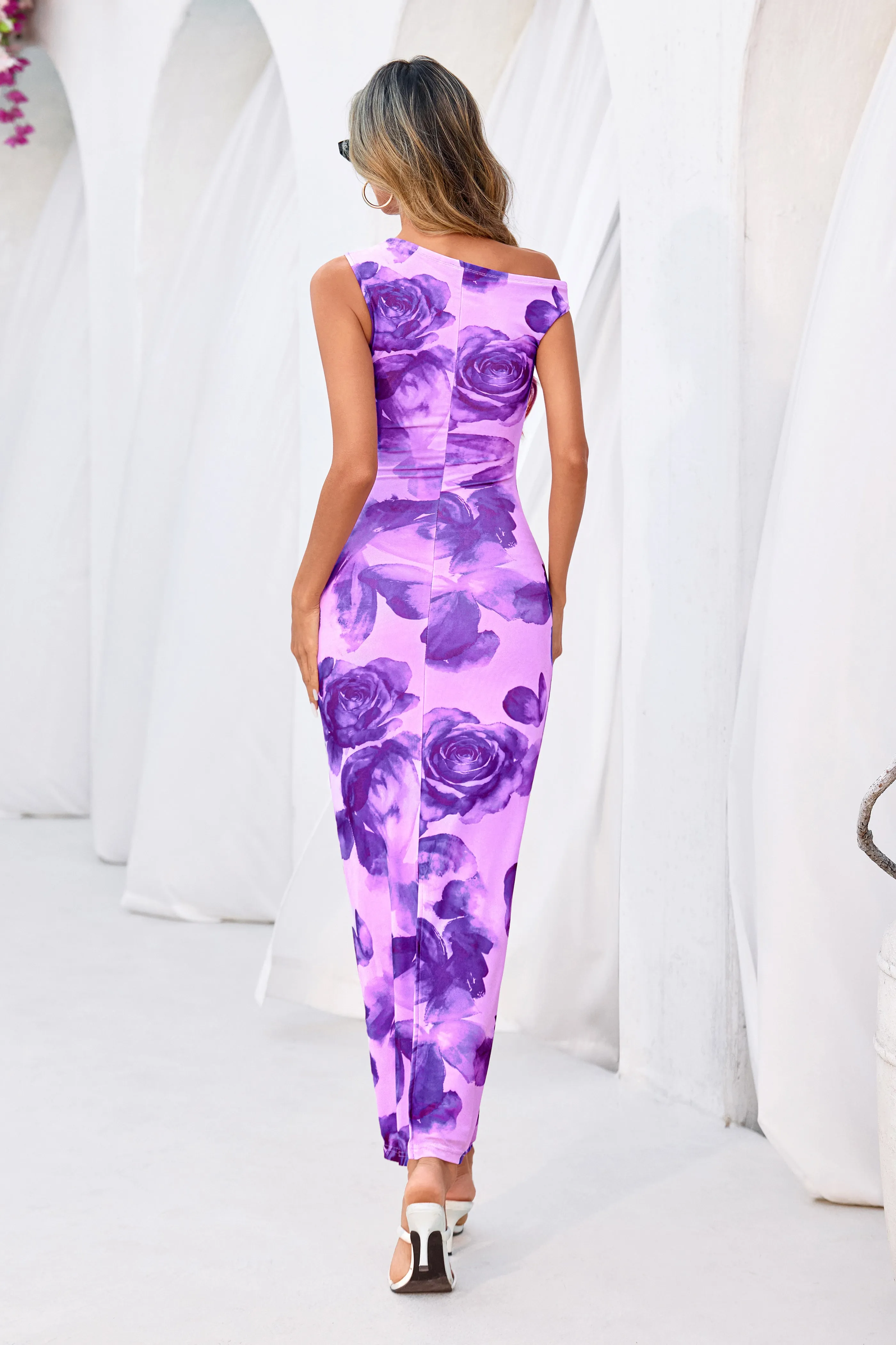 PRETTYGARDEN Women Summer One Shoulder Sleeveless Floral Maxi Dress Bodycon Ruched Mesh Formal Cocktail Wedding Guest Dresses sold by PrettyGarden product image thumbnail 2