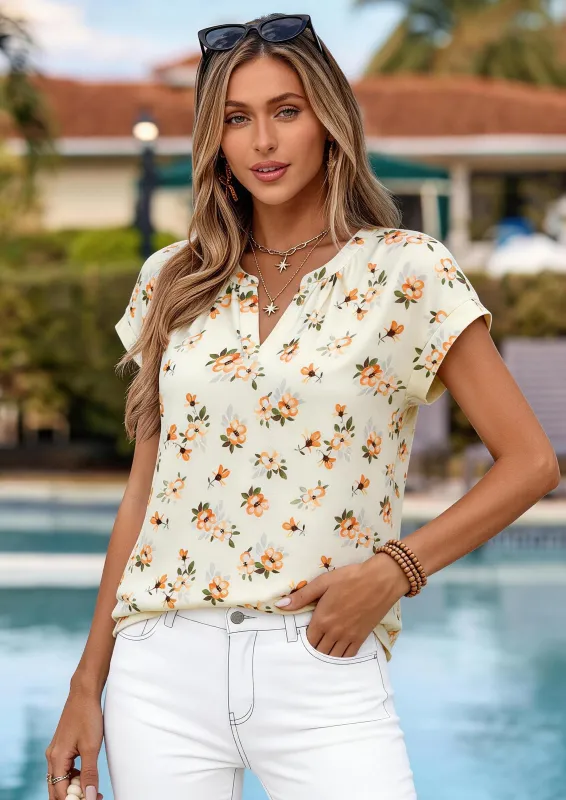 PRETTYGARDEN Womens Summer Tops V Neck Short Sleeve Pleated Back Elegant Floral T Shirts for Women Vacation Outfits (Apricot Yellow Floral, Large) made by PrettyGarden