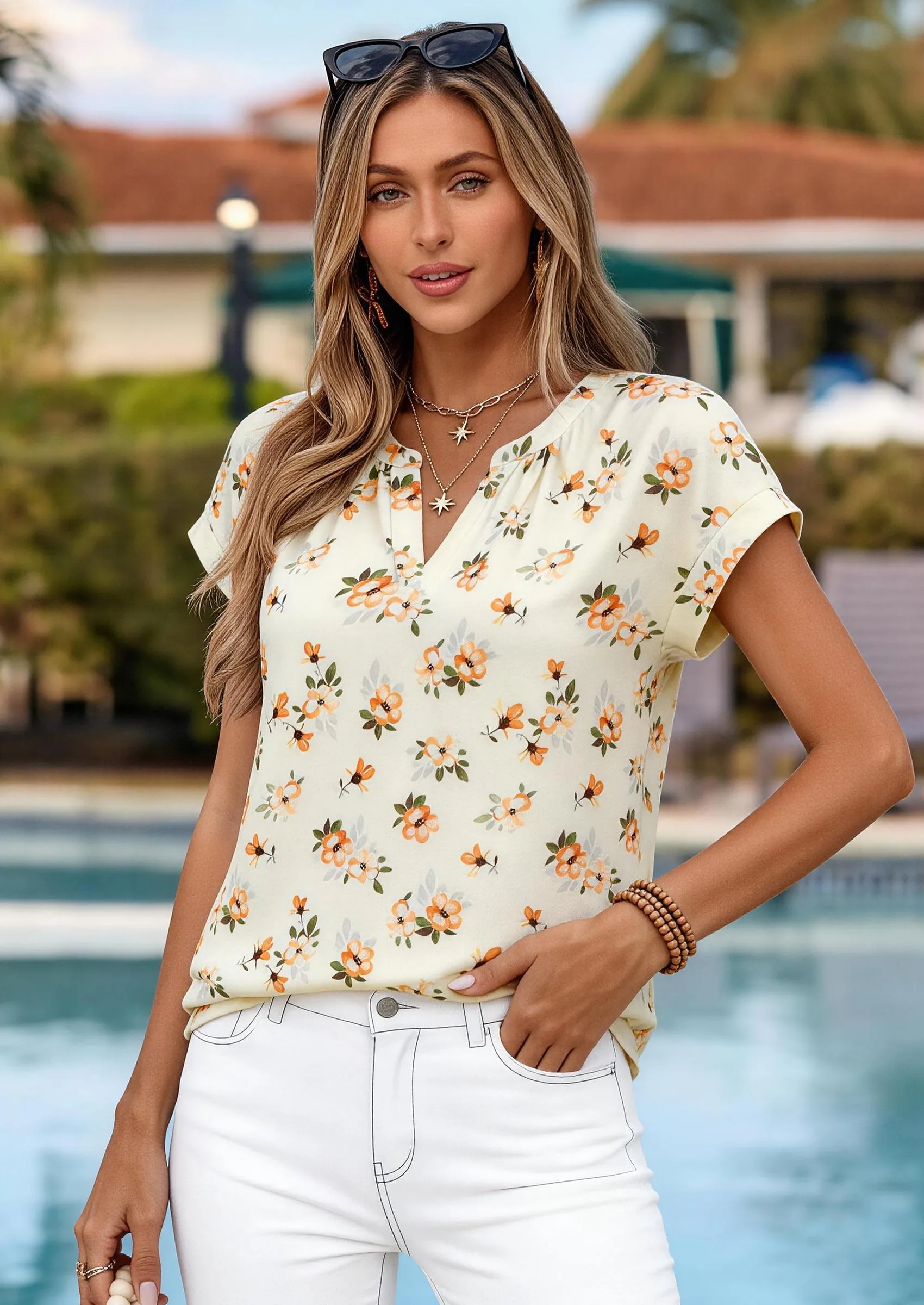 PRETTYGARDEN Womens Summer Tops V Neck Short Sleeve Pleated Back Elegant Floral T Shirts for Women Vacation Outfits (Apricot Yellow Floral, Large) sold by PrettyGarden
