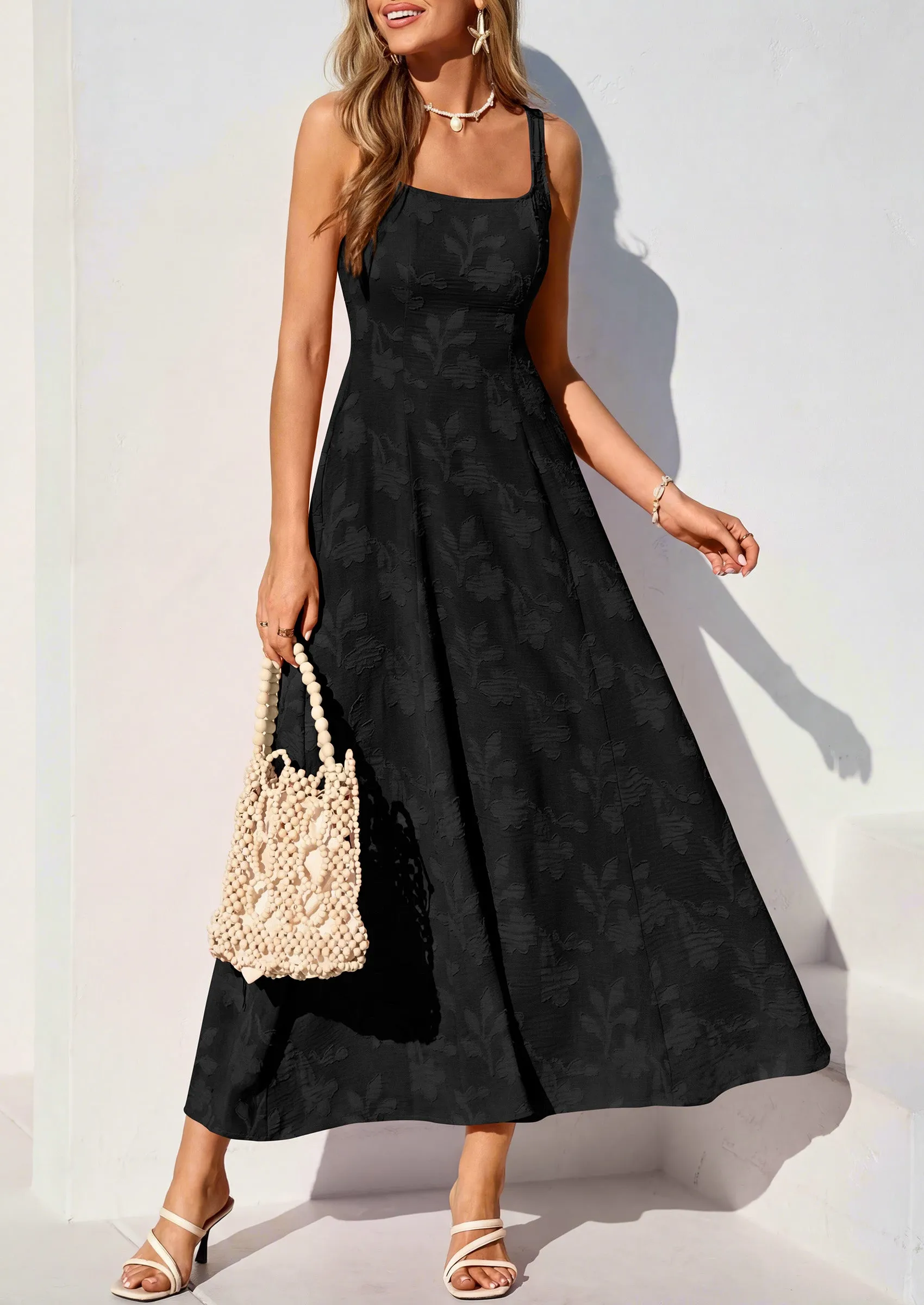 PRETTYGARDEN Womens Summer Maxi Dresses Casual Sleeveless Square Neck Jacquard Flowy Wedding Guest Beach Boho Long Dress sold by PrettyGarden product image thumbnail 2