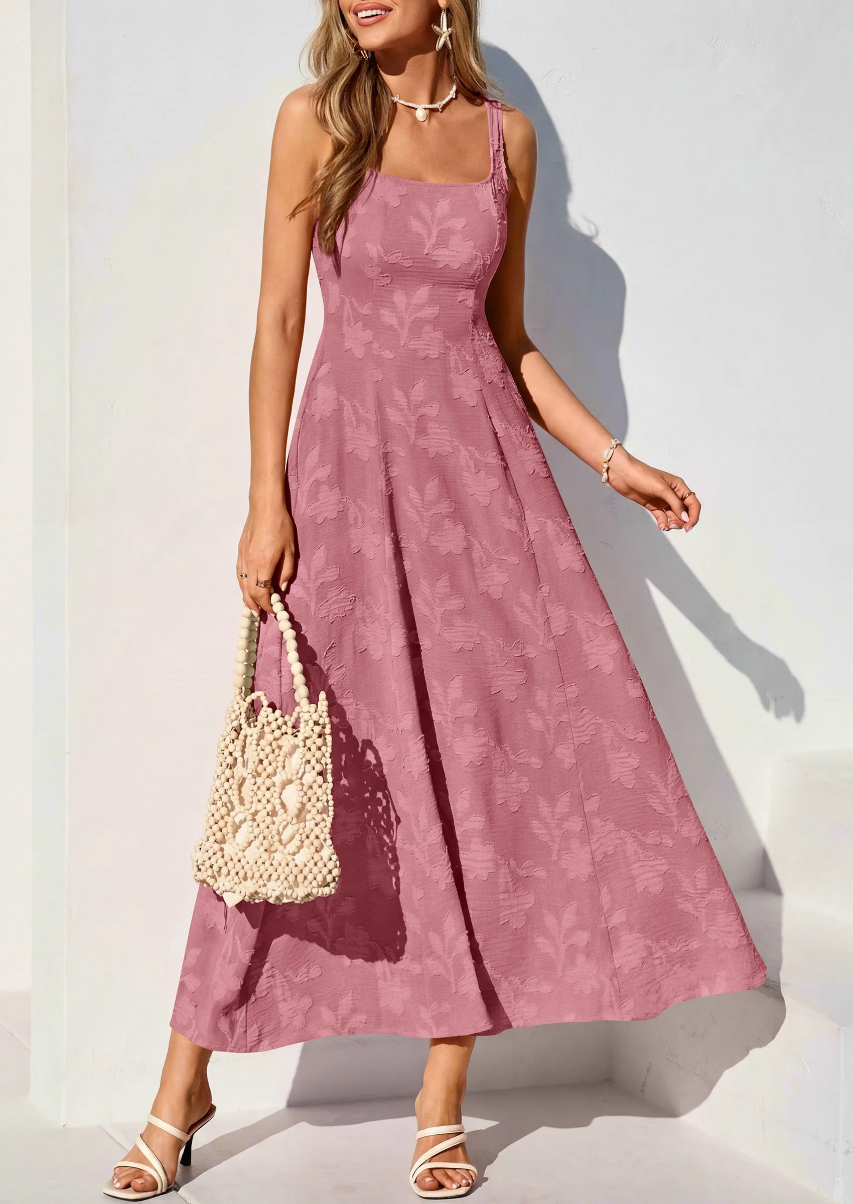 PRETTYGARDEN Womens Summer Maxi Dresses Casual Sleeveless Square Neck Jacquard Flowy Wedding Guest Beach Boho Long Dress sold by PrettyGarden product image thumbnail 5